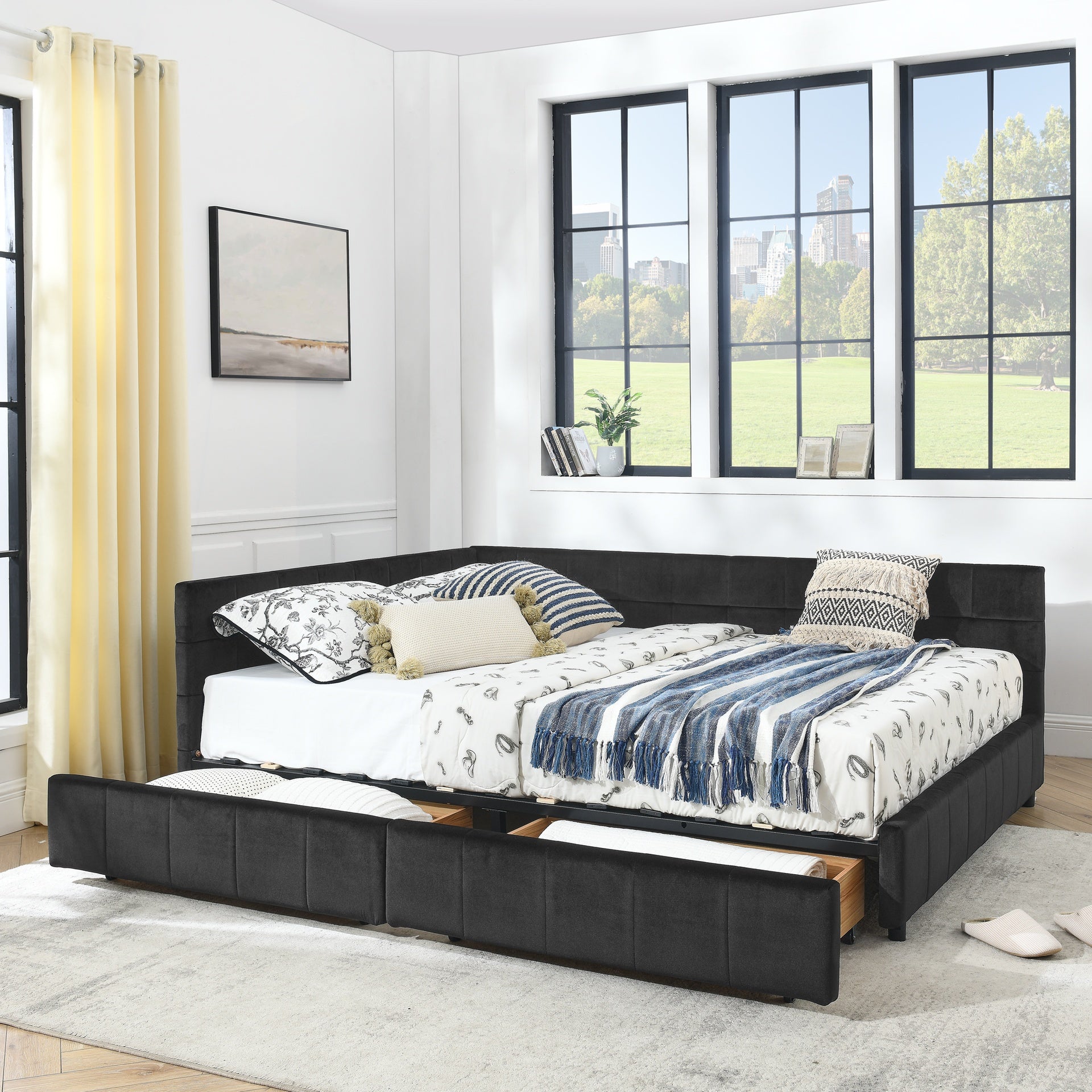 Queen Size Storage Upholstered Tufted Bed Frame, Sofa Bed Frame with Comfortable Backrest and Armrests, Queen Size Bed for Bedroom, Living Room,Velvet, BLACK(85.5''*64.5''*29.5'')