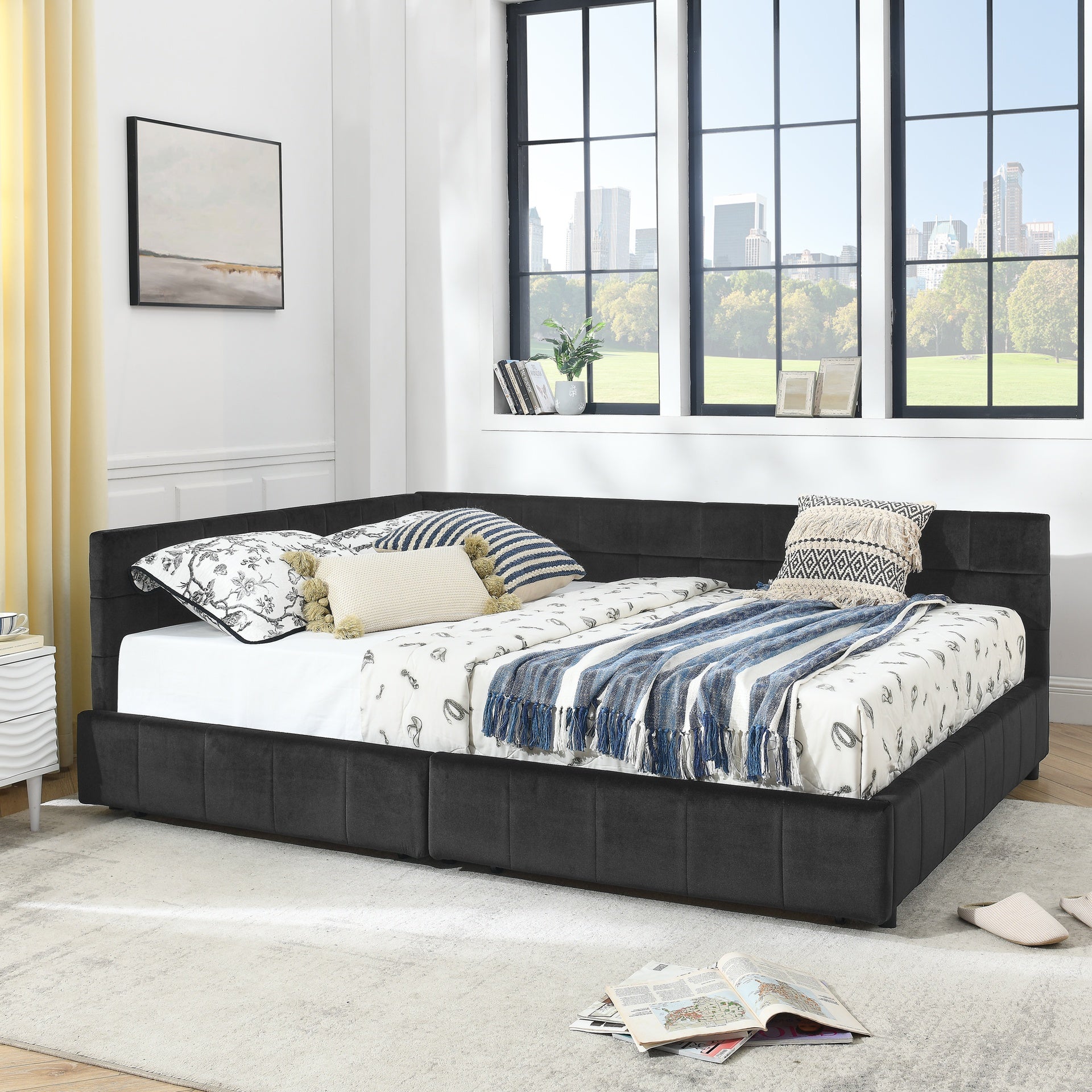 Queen Size Storage Upholstered Tufted Bed Frame, Sofa Bed Frame with Comfortable Backrest and Armrests, Queen Size Bed for Bedroom, Living Room,Velvet, BLACK(85.5''*64.5''*29.5'')