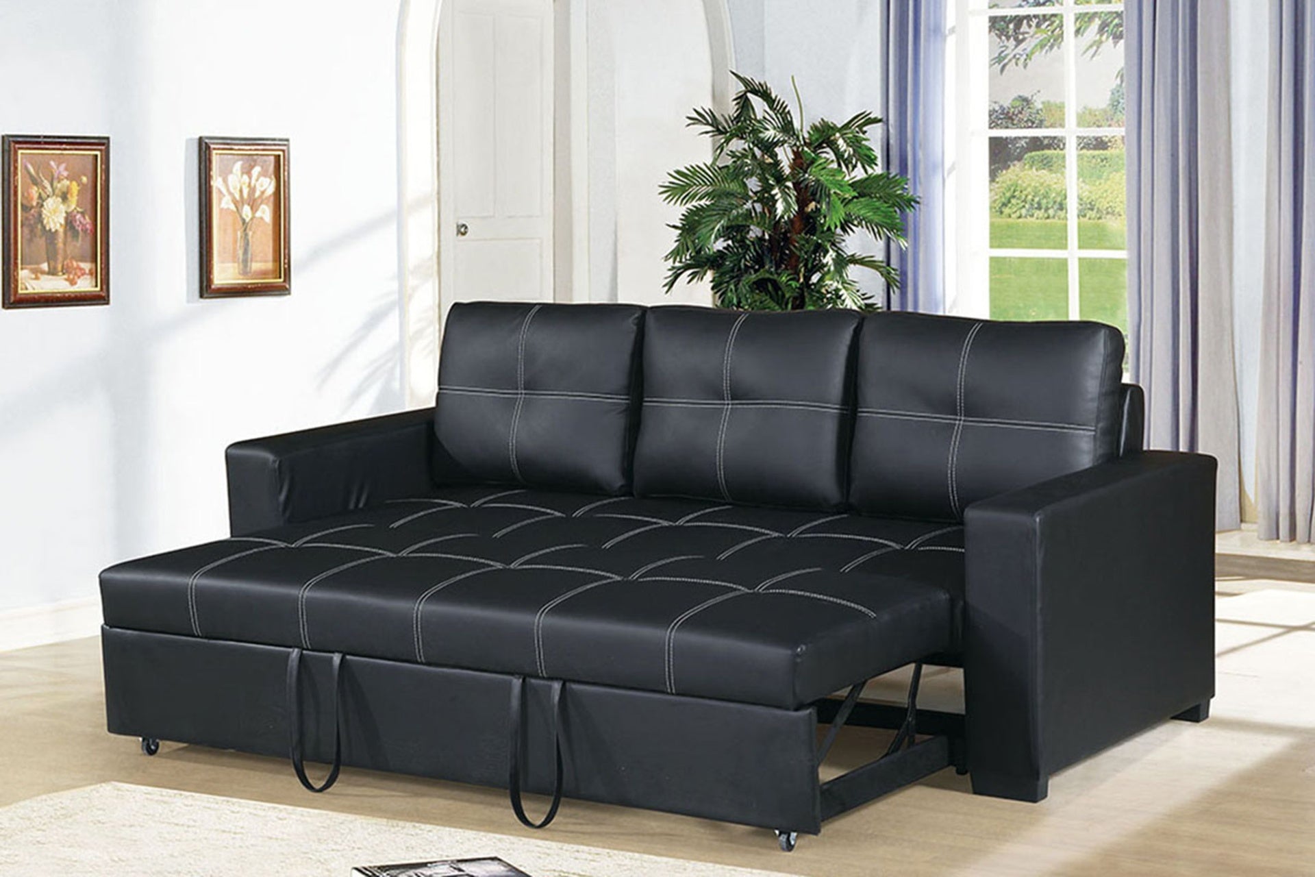 Convertible Sofa in Black Faux Leather