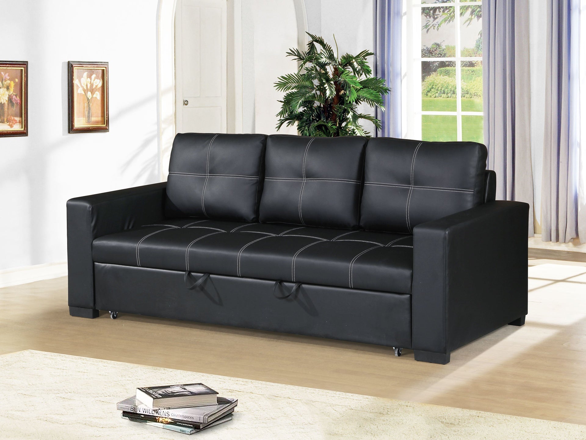 Convertible Sofa in Black Faux Leather