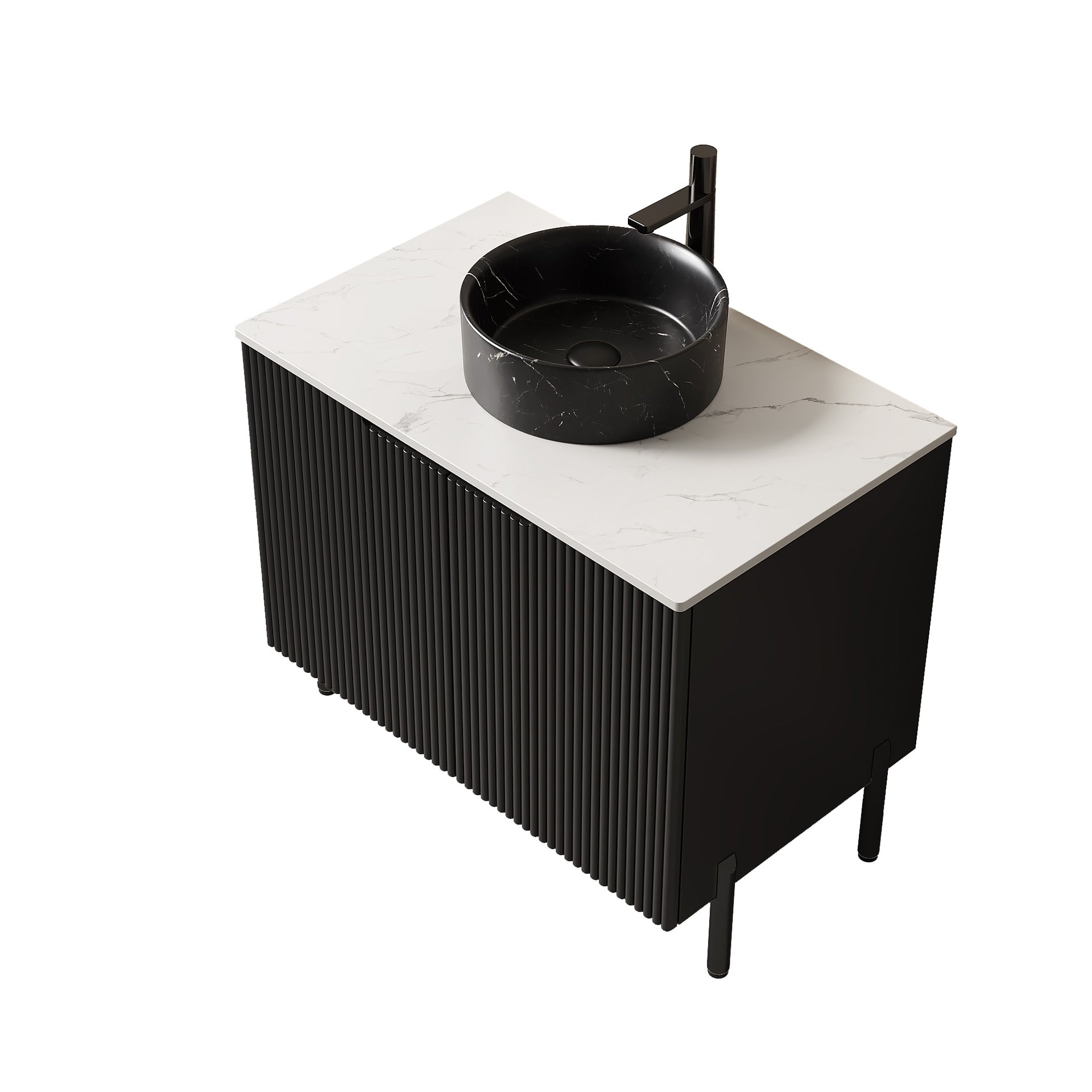 TURIO 30" Bathroom Vanity with Sink, Freestanding Bathroom Storage Cabinet with 2 Doors, Black Round Ceramic Basin with Stone Pattern & Carrara White Sintered Stone Countertop, No Faucet, Black Color