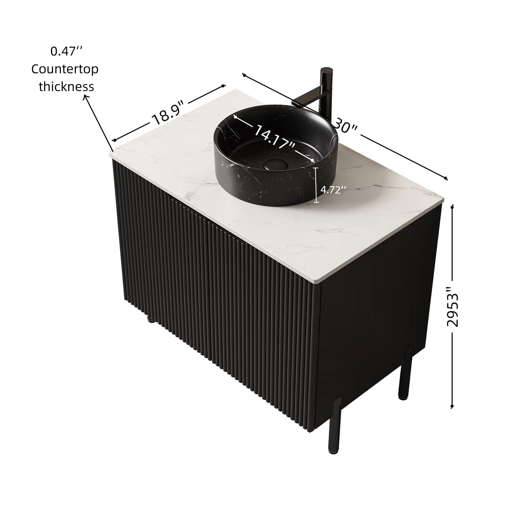 TURIO 30" Bathroom Vanity with Sink, Freestanding Bathroom Storage Cabinet with 2 Doors, Black Round Ceramic Basin with Stone Pattern & Carrara White Sintered Stone Countertop, No Faucet, Black Color
