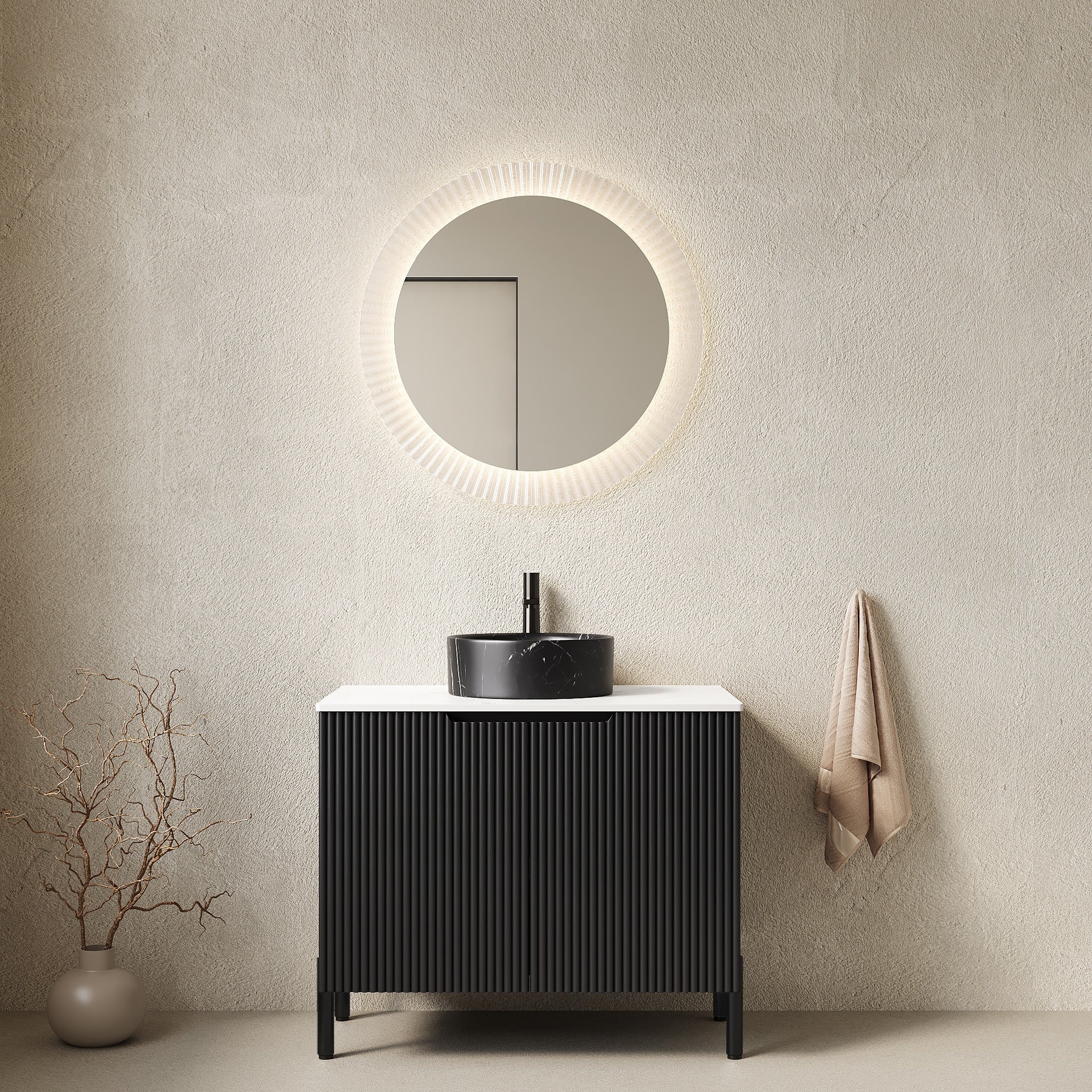 TURIO 30" Bathroom Vanity with Sink, Freestanding Bathroom Storage Cabinet with 2 Doors, Black Round Ceramic Basin with Stone Pattern & Carrara White Sintered Stone Countertop, No Faucet, Black Color