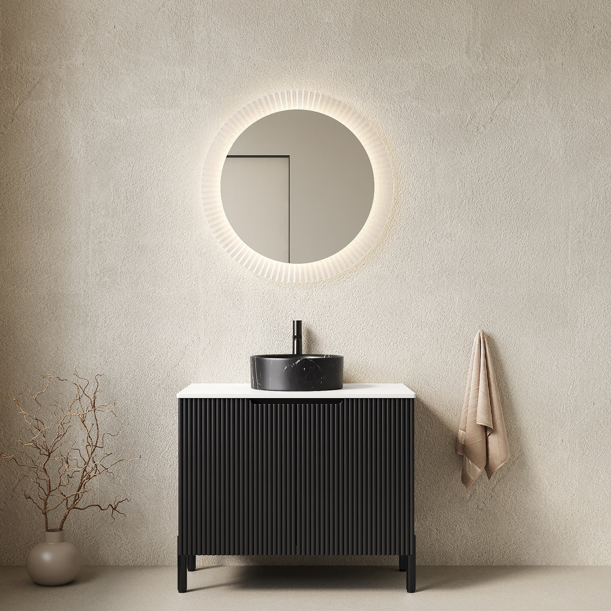 TURIO 30" Bathroom Vanity with Sink, Freestanding Bathroom Storage Cabinet with 2 Doors, Black Round Ceramic Basin with Stone Pattern & Carrara White Sintered Stone Countertop, No Faucet, Black Color