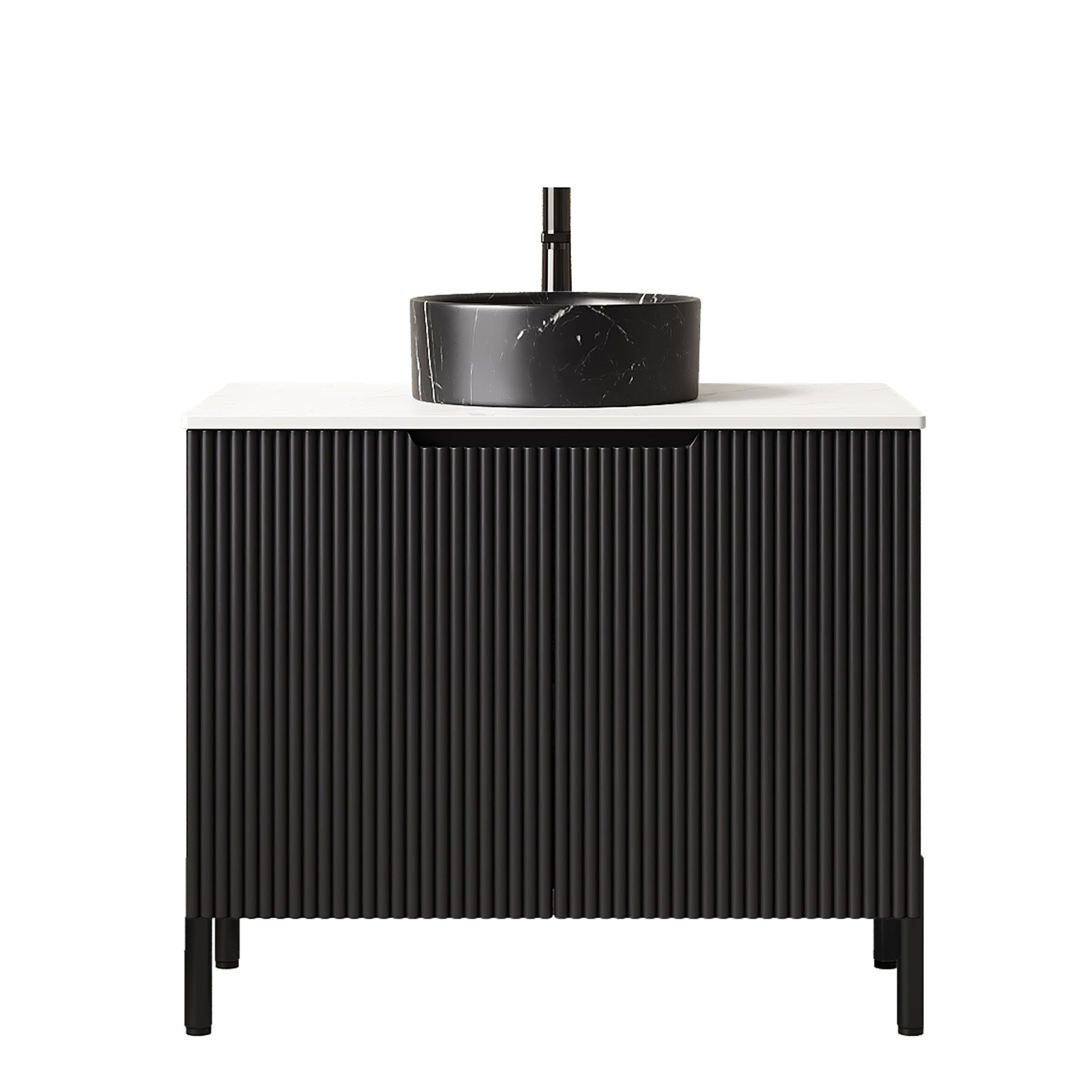 TURIO 30" Bathroom Vanity with Sink, Freestanding Bathroom Storage Cabinet with 2 Doors, Black Round Ceramic Basin with Stone Pattern & Carrara White Sintered Stone Countertop, No Faucet, Black Color