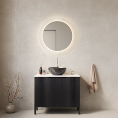 TURIO 30" Bathroom Vanity with Sink, Freestanding Bathroom Storage Cabinet with 2 Doors, Black Bowl Ceramic Basin with Stone Pattern and Carrara White Sintered Stone Countertop, No Faucet, Black Color
