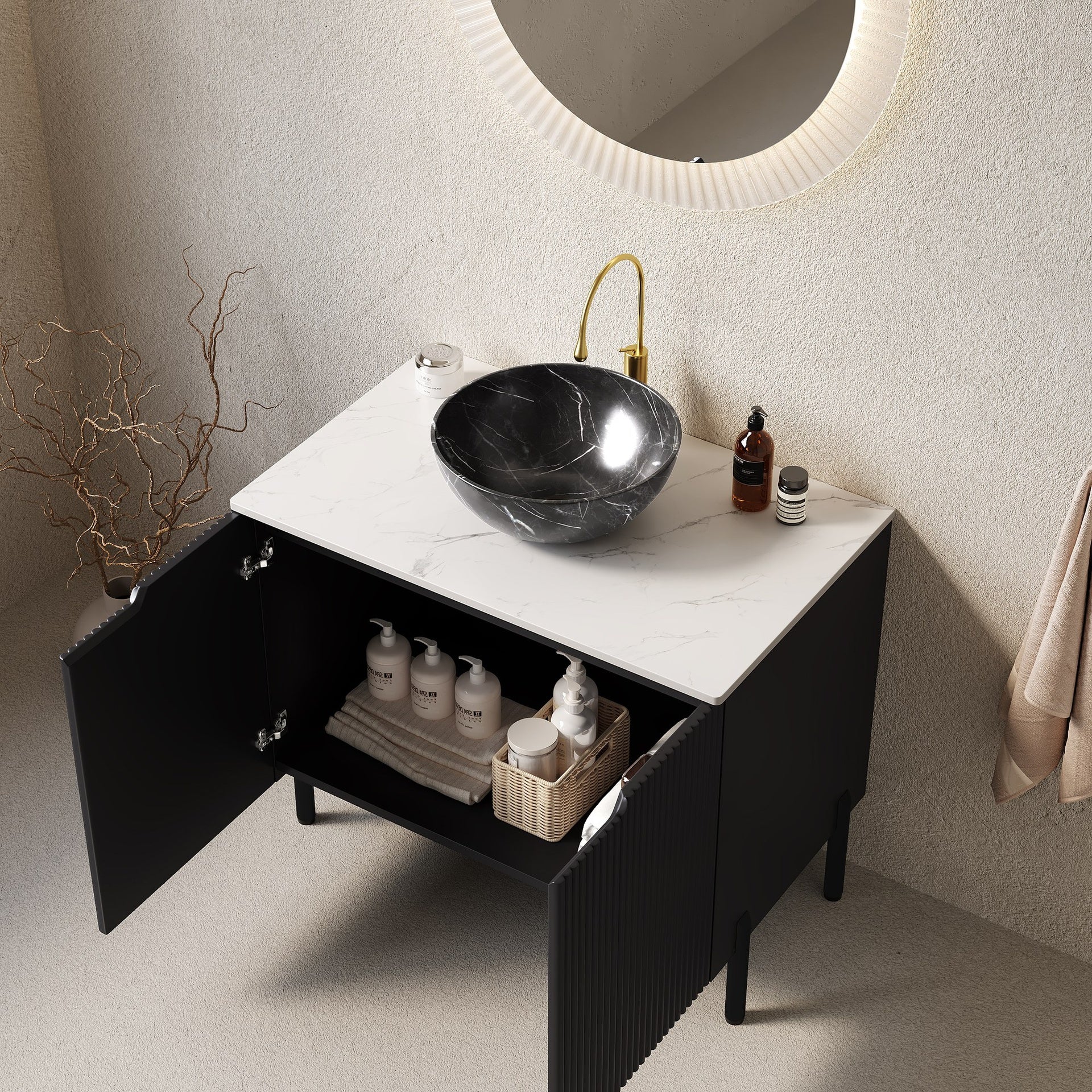 TURIO 30" Bathroom Vanity with Sink, Freestanding Bathroom Storage Cabinet with 2 Doors, Black Bowl Ceramic Basin with Stone Pattern and Carrara White Sintered Stone Countertop, No Faucet, Black Color
