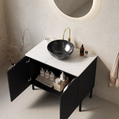 TURIO 30" Bathroom Vanity with Sink, Freestanding Bathroom Storage Cabinet with 2 Doors, Black Bowl Ceramic Basin with Stone Pattern and Carrara White Sintered Stone Countertop, No Faucet, Black Color