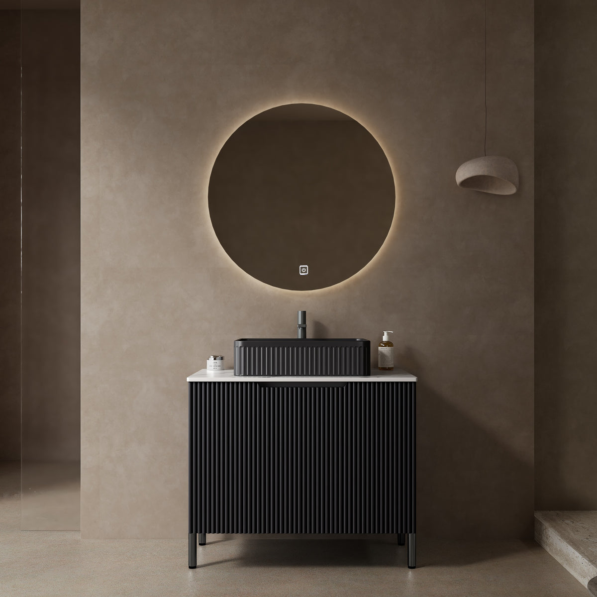 TURIO 30" Bathroom Vanity with Sink, Freestanding Bathroom Storage Cabinet with 2 Doors, Black Ceramic Basin and Carrara White Counter Top, Black Color
