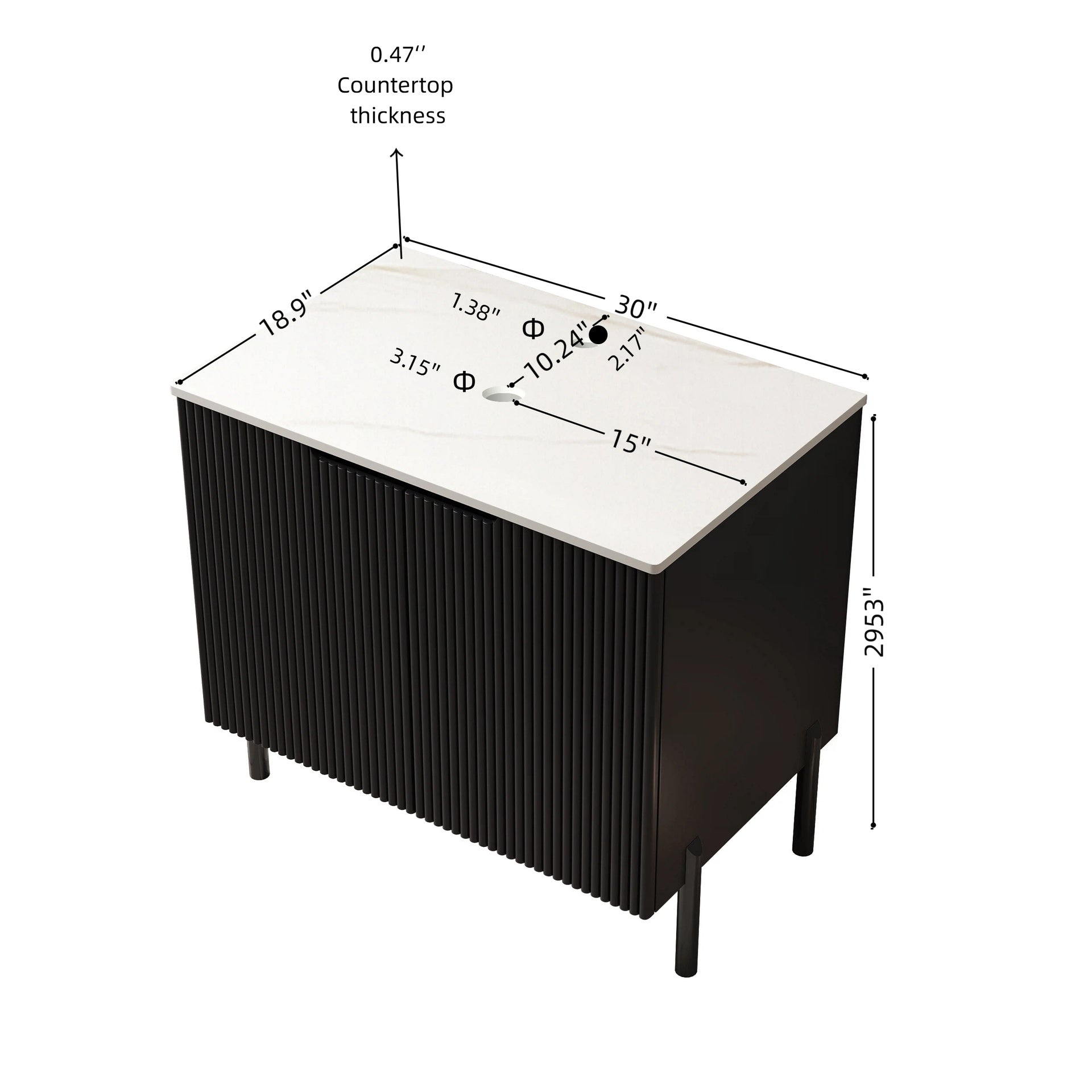 30" TURIO Freestanding Carrara White Sintered Stone Countertop and Black Plywood Cabinet with Two Doors, NO Basin, NO Faucet and Sink Cover
