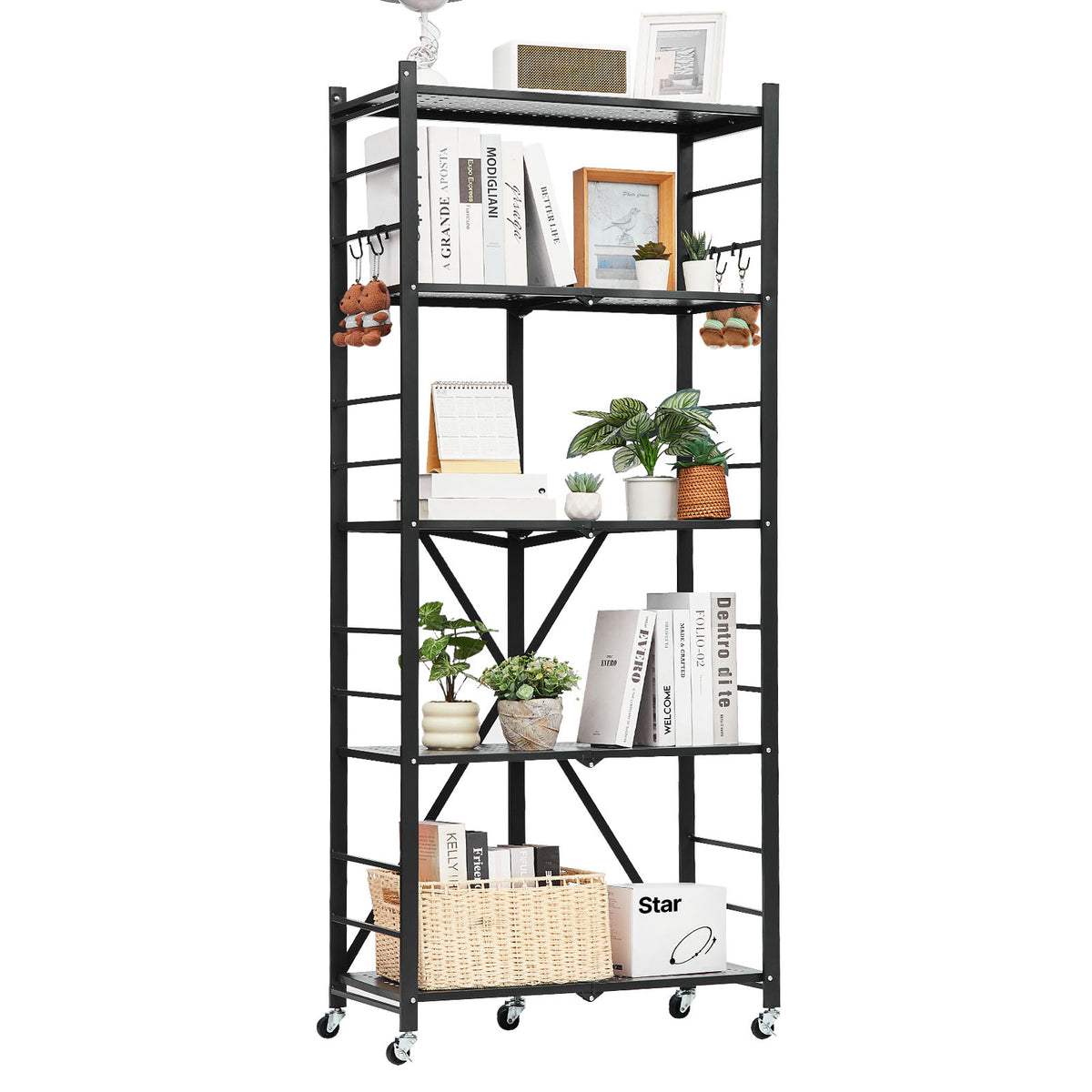 5-Tier Foldable Storage Shelf with Wheels 28 x 13 x 66-inch Metal Shelving