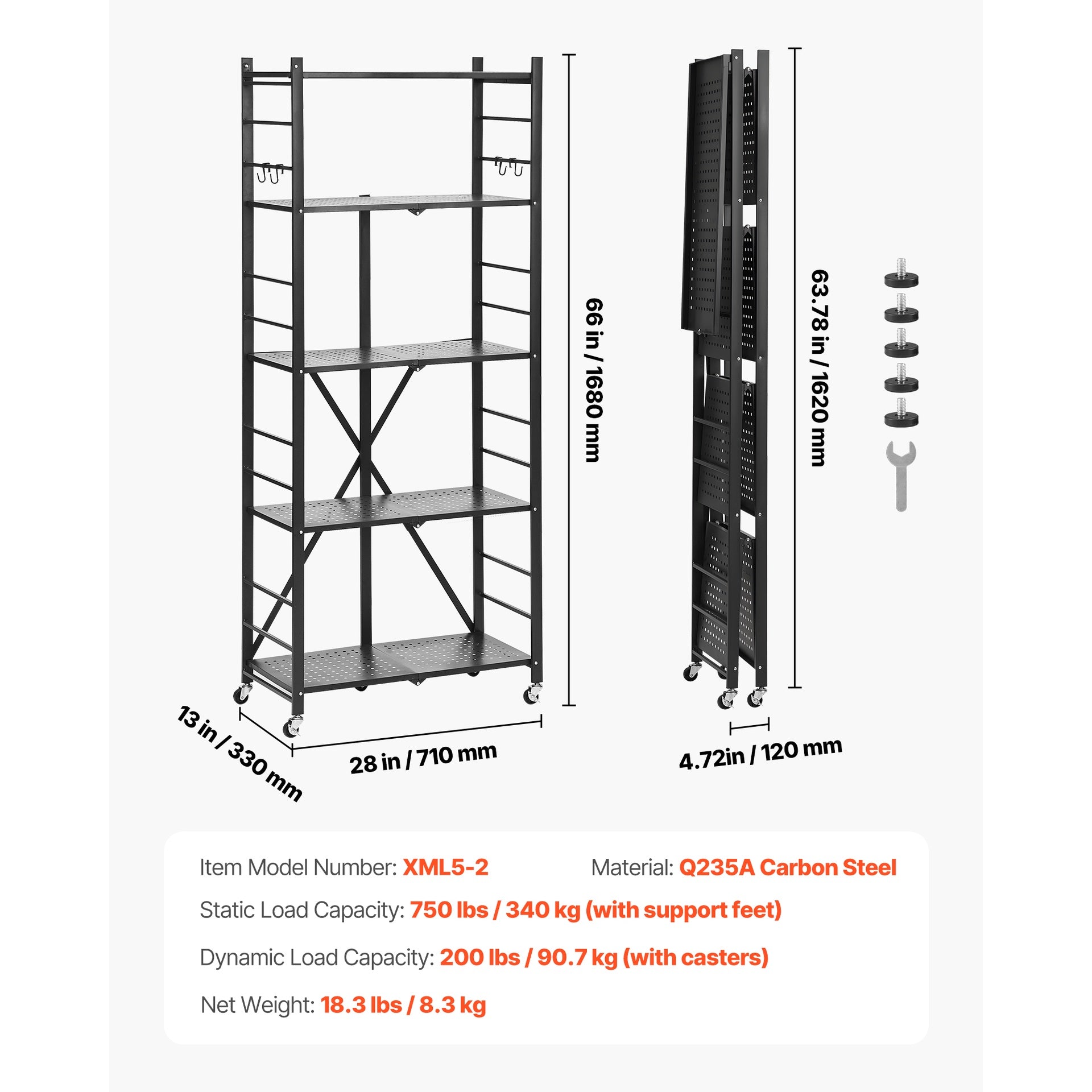 5-Tier Foldable Storage Shelf with Wheels 28 x 13 x 66-inch Metal Shelving