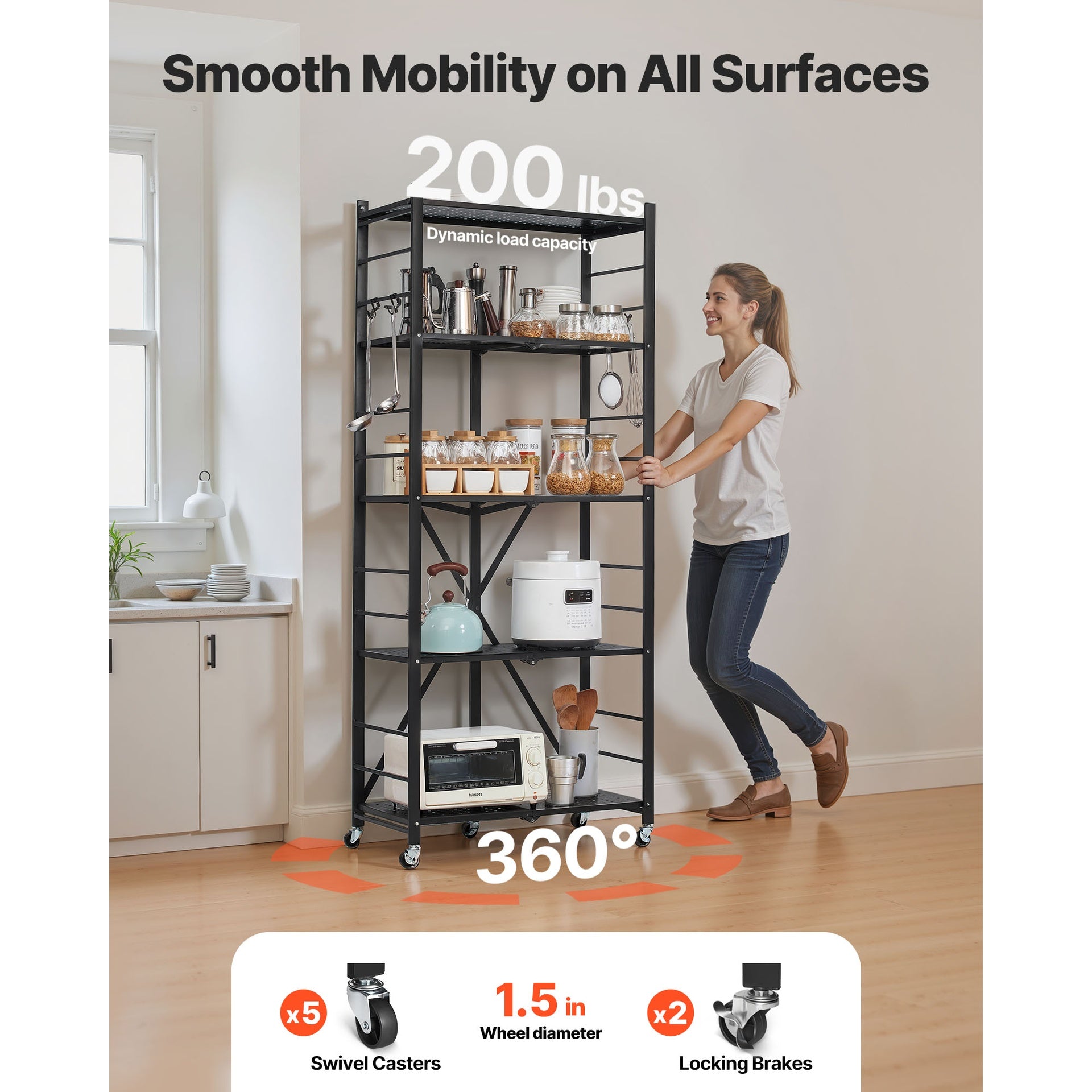 5-Tier Foldable Storage Shelf with Wheels 28 x 13 x 66-inch Metal Shelving