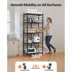 5-Tier Foldable Storage Shelf with Wheels 28 x 13 x 66-inch Metal Shelving