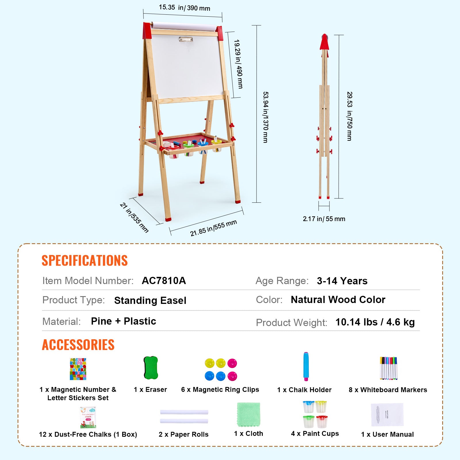 3-in-1 Kids Art Easel Double-Sided Wooden Magnetic Whiteboard Chalkboard
