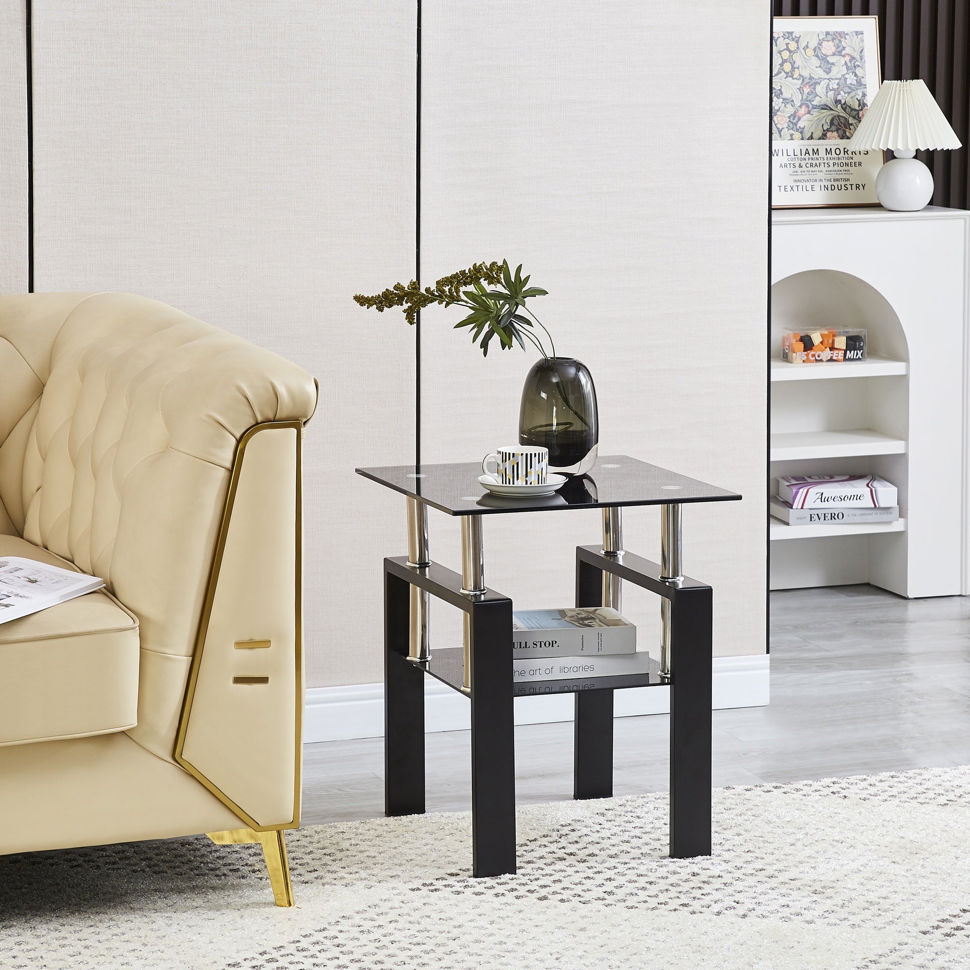 2-Piece Tempered Black Glass Sofa Table, Black Noghtstand with Metal Leg for Living Room