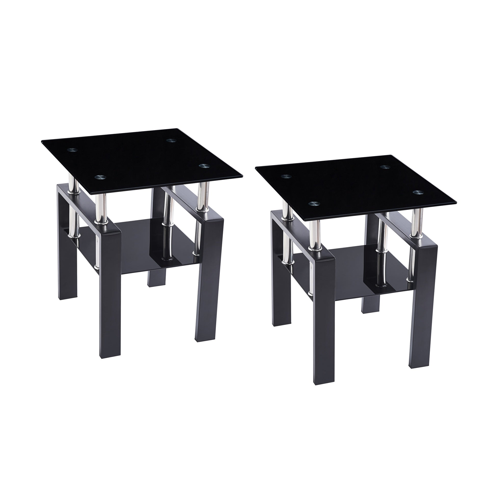 2-Piece Tempered Black Glass Sofa Table, Black Noghtstand with Metal Leg for Living Room