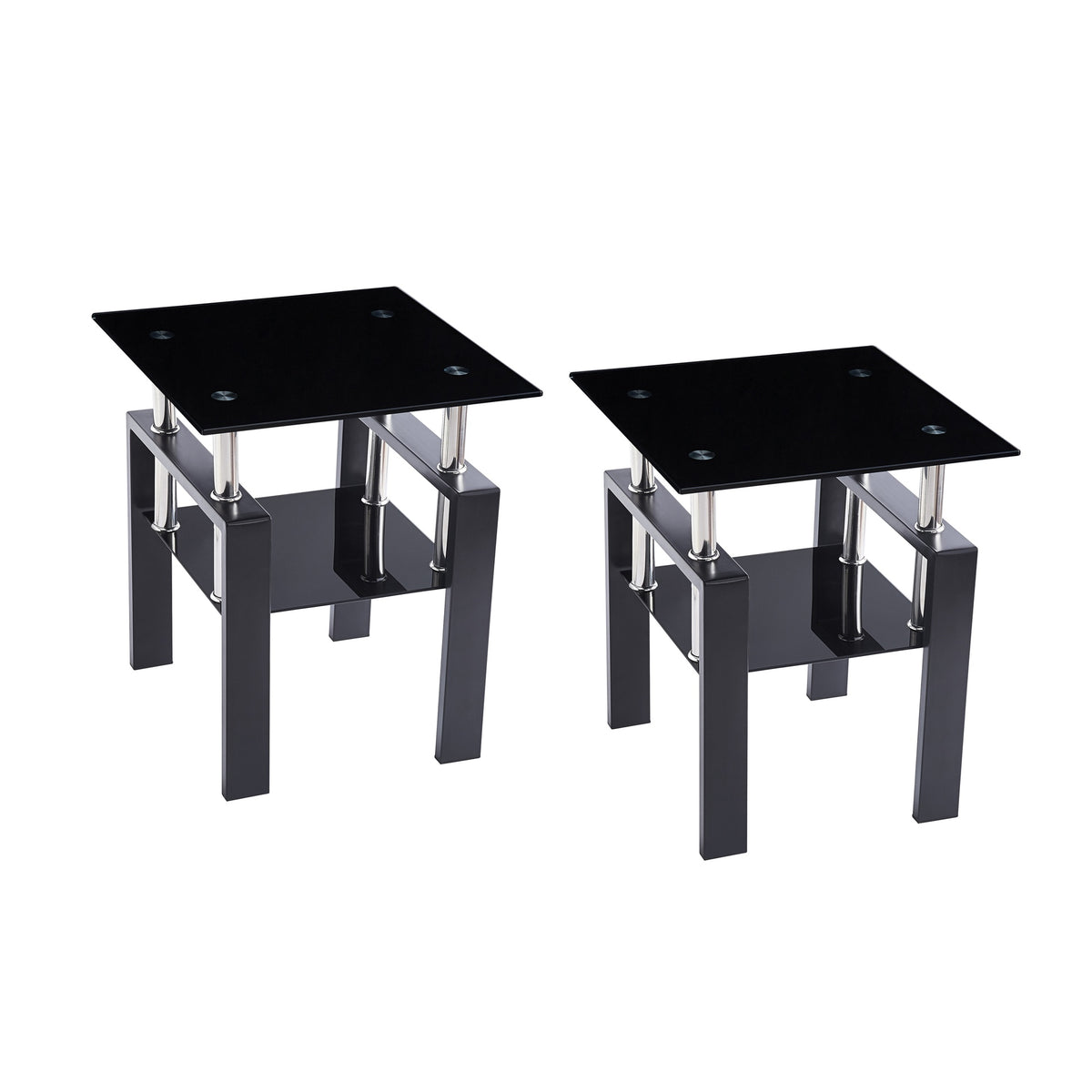 2-Piece Tempered Black Glass Sofa Table, Black Noghtstand with Metal Leg for Living Room