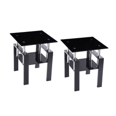 2-Piece Tempered Black Glass Sofa Table, Black Noghtstand with Metal Leg for Living Room