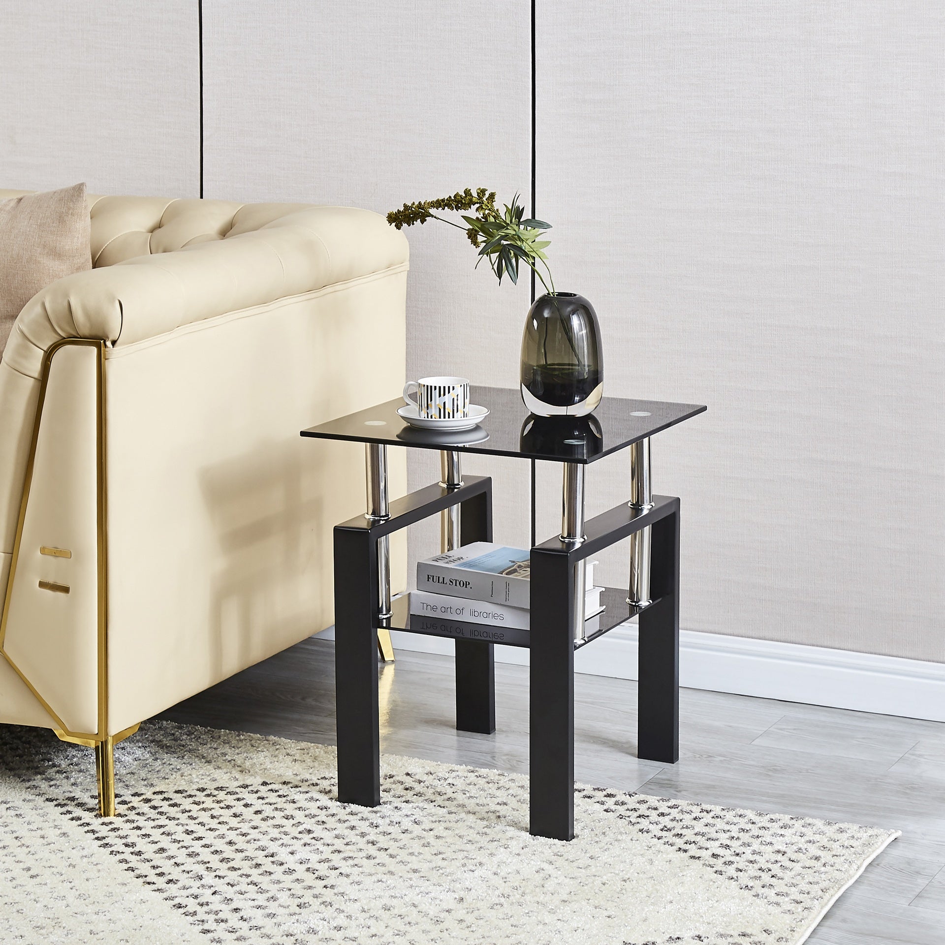 2-Piece Tempered Black Glass Sofa Table, Black Noghtstand with Metal Leg for Living Room