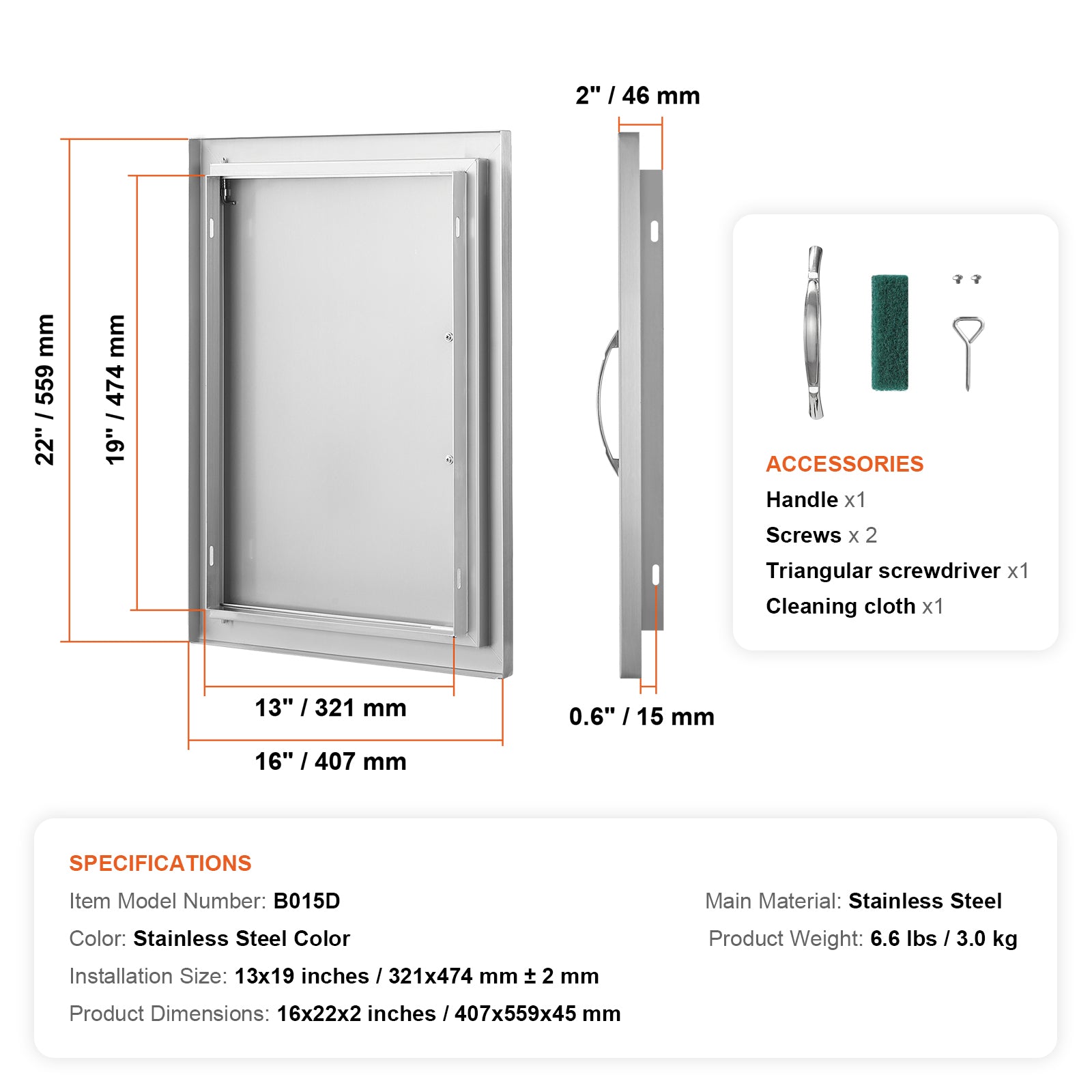 BBQ Access Door, 16W x 22H Inch Single Outdoor Kitchen Door, Stainless Steel Flush Mount Door, Wall Vertical Door with Handle, for BBQ Island, Grilling Station, Outside Cabinet