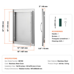 BBQ Access Door, 16W x 22H Inch Single Outdoor Kitchen Door, Stainless Steel Flush Mount Door, Wall Vertical Door with Handle, for BBQ Island, Grilling Station, Outside Cabinet
