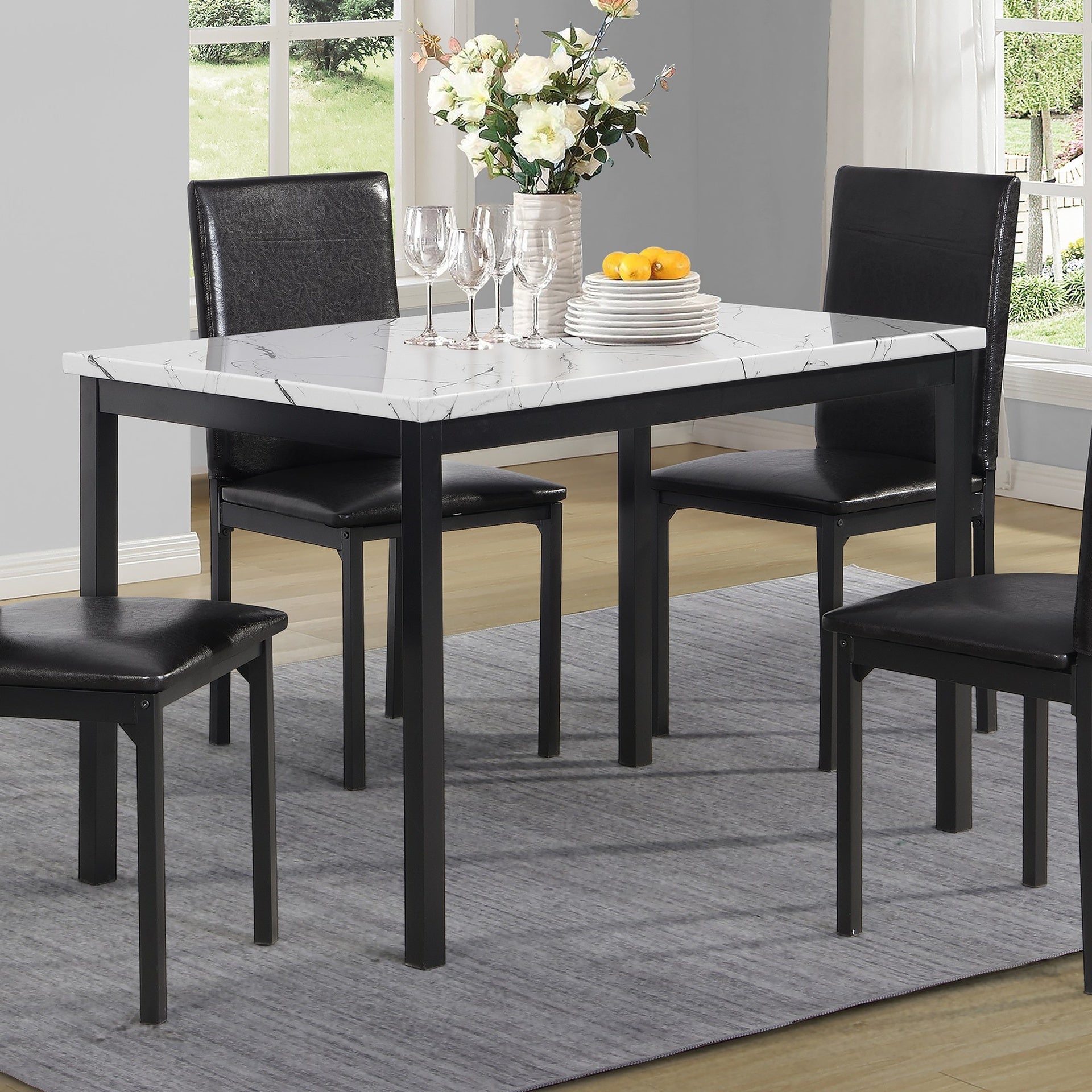 Noyes Metal Dining Table with Laminated Faux Marble Top, Off-White