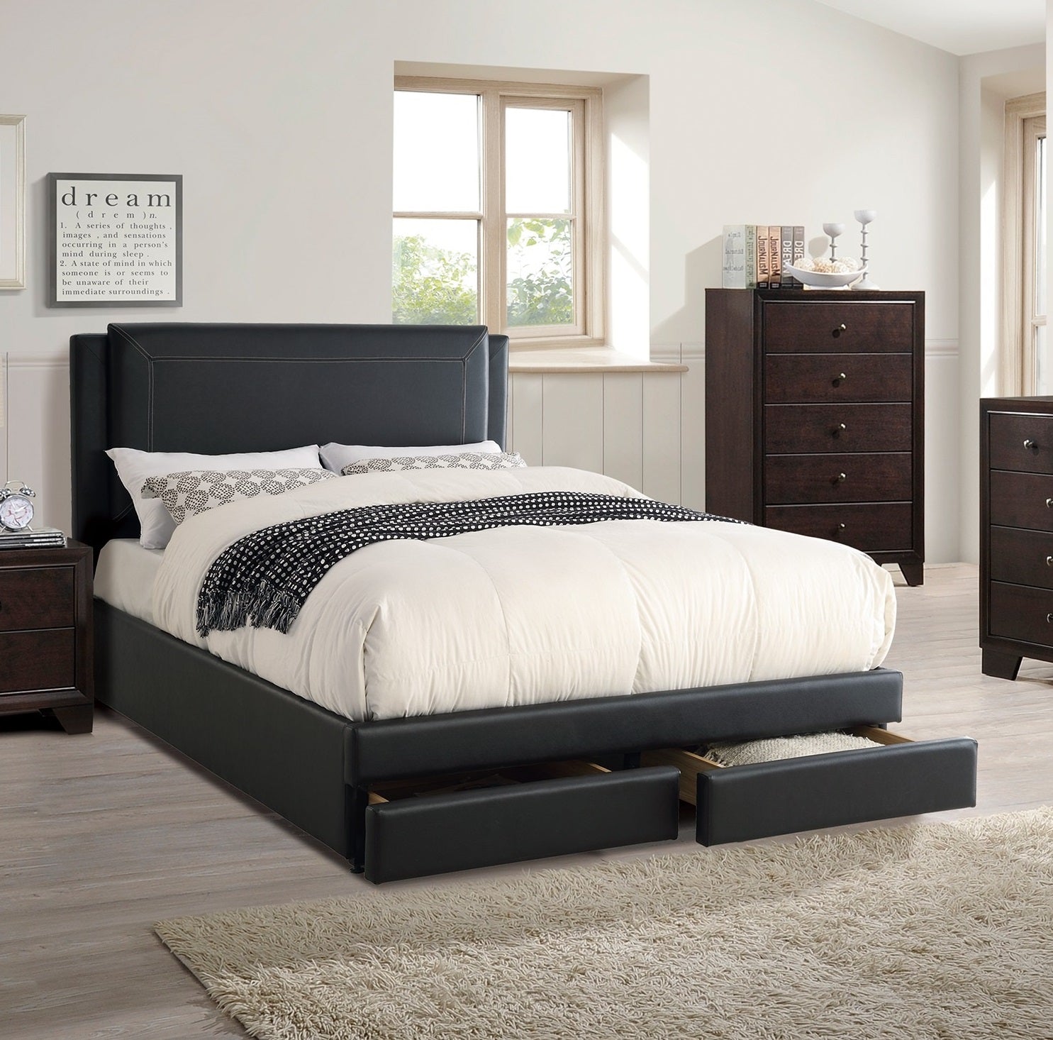 Black Luxurious Queen Size Bed w Storage Drawers FB Modern Faux Leather Upholstered Bedroom Furniture 1pc Bed Set