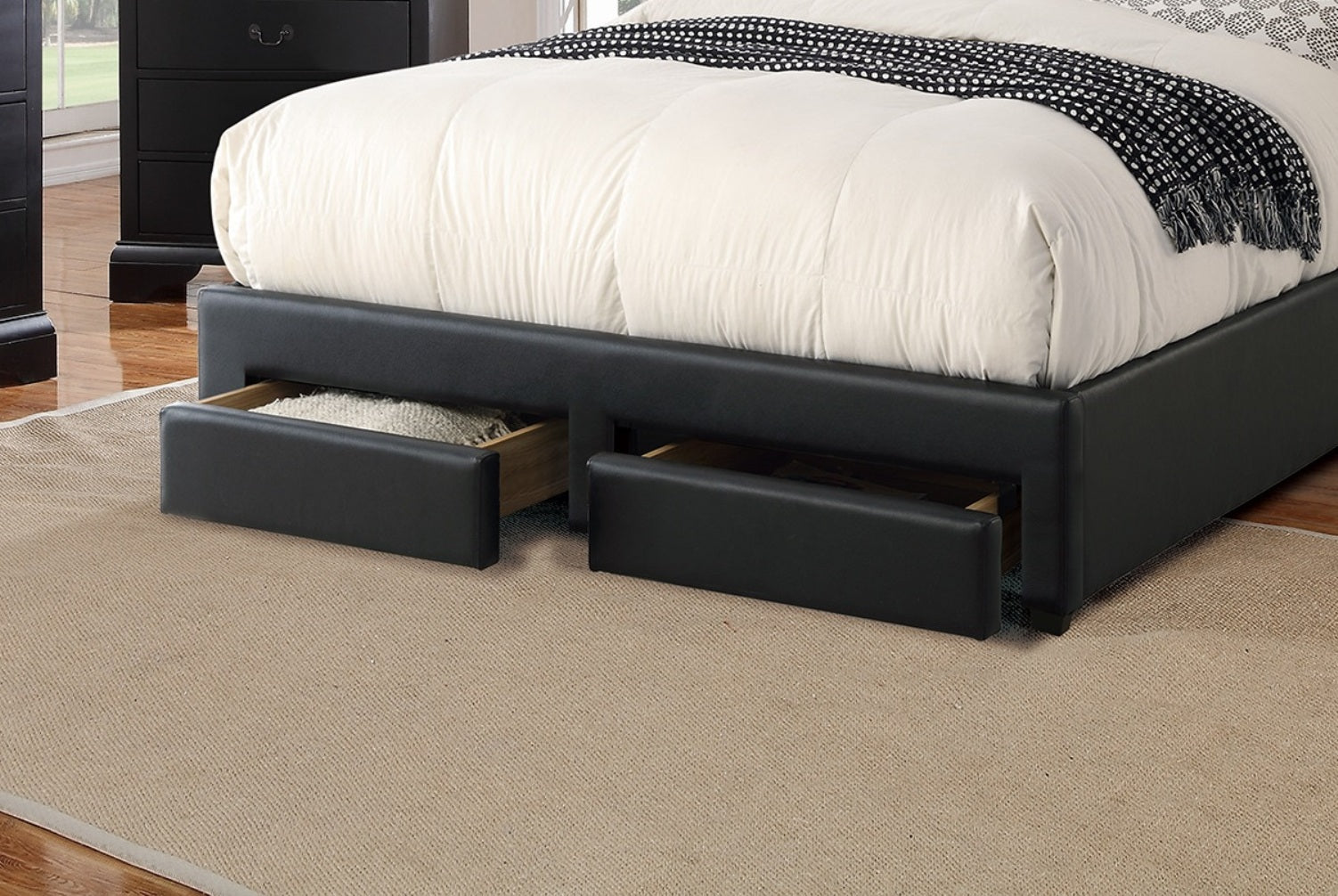Black Luxurious Queen Size Bed w Storage Drawers FB Modern Faux Leather Upholstered Bedroom Furniture 1pc Bed Set