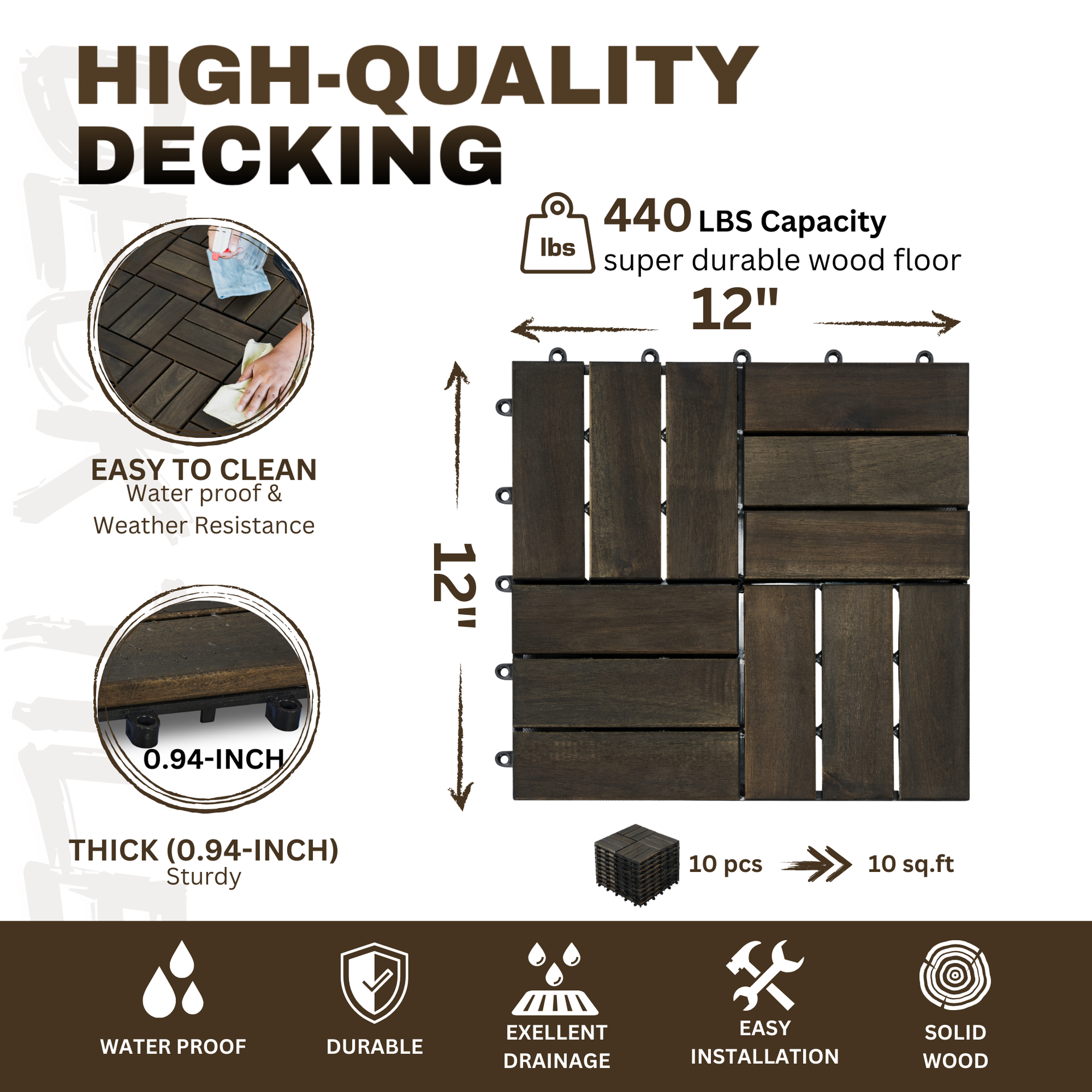 Acacia Wood Interlocking Deck Tiles Checker Pattern, 10PCS 12" x 12" Square Dark Brown Acacia Hardwood Outdoor Flooring for Patio, Bancony, Pool Side,...
