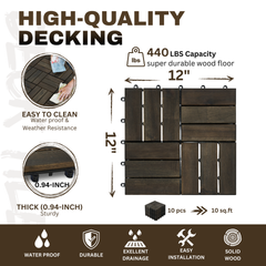 Acacia Wood Interlocking Deck Tiles Checker Pattern, 10PCS 12" x 12" Square Dark Brown Acacia Hardwood Outdoor Flooring for Patio, Bancony, Pool Side,...