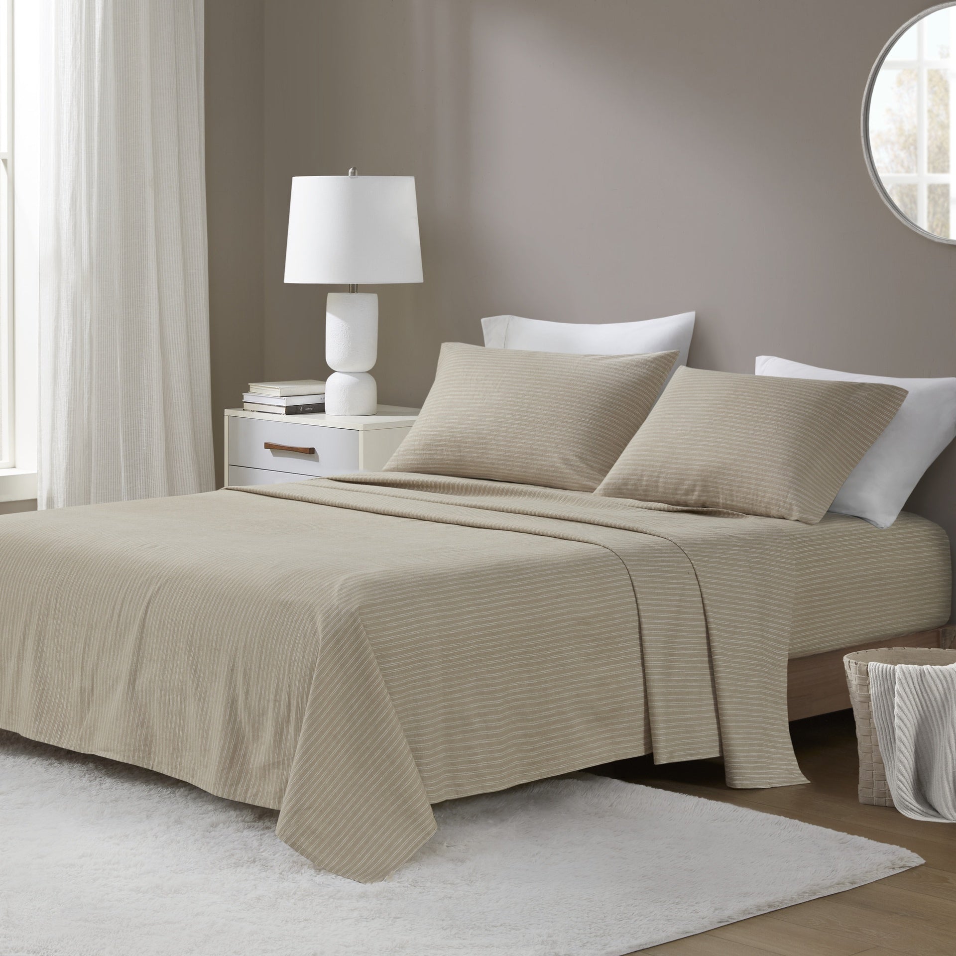 4-Piece King 100% Cotton Flannel Printed Sheet Set,Beige/White Stripes