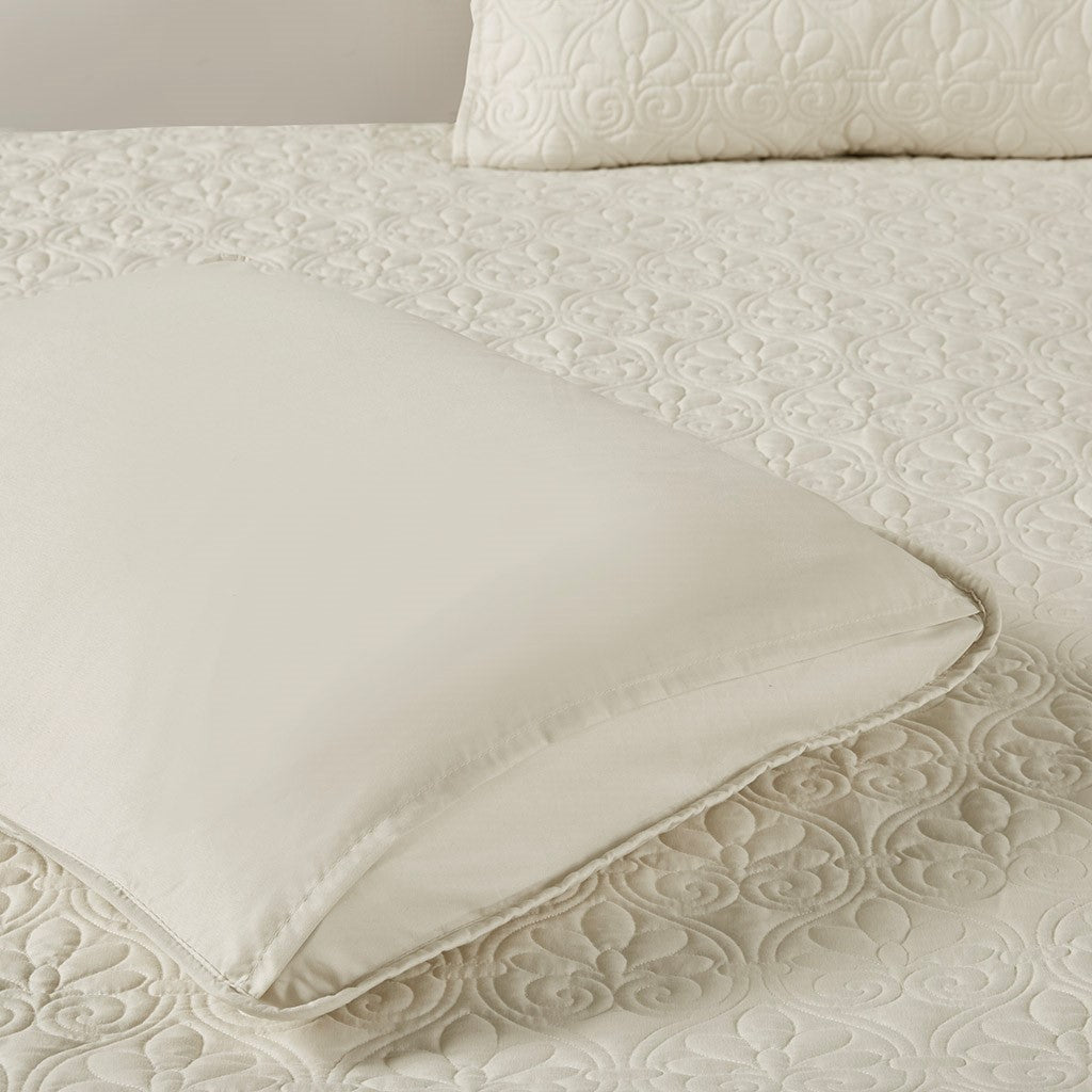 3 Piece Split Corner Pleated Quilted Bedspread Cream Queen