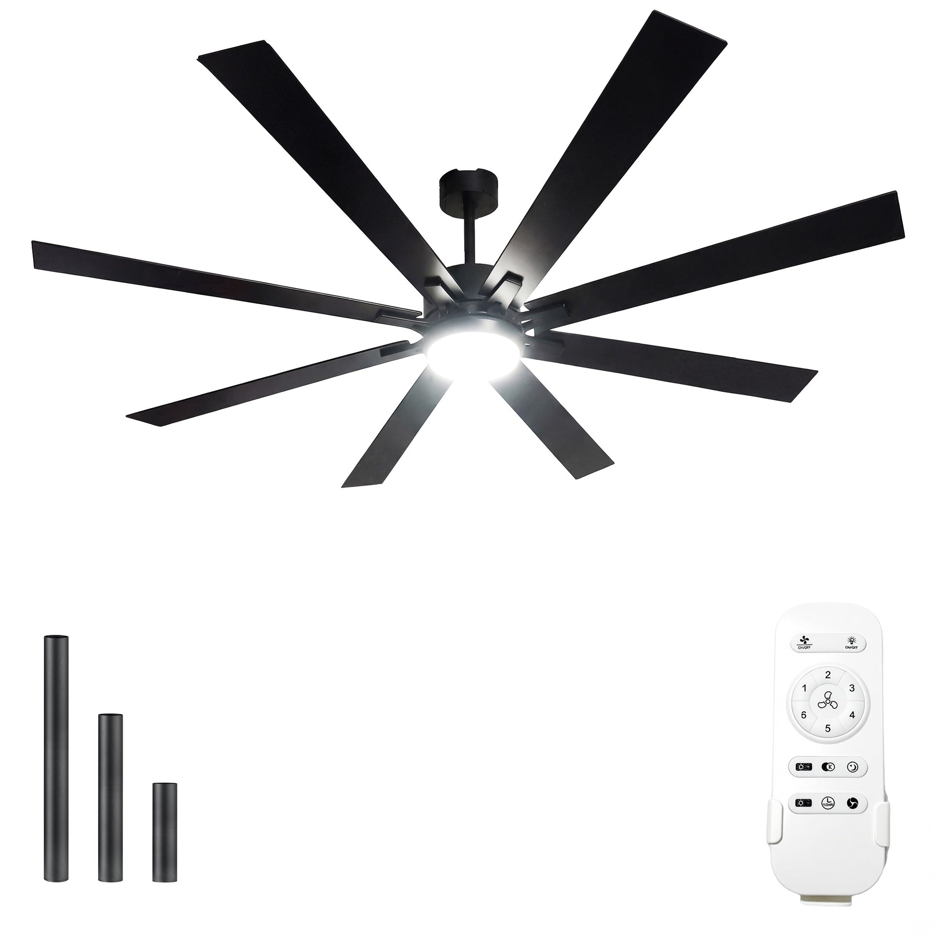 72 lnch lndustrial Smart Celing Fan with Light and Remote Control via WIFI Alexa,Large Celing Fan with 8 Black plywood Blades,6 Speed Noiseless DC Motor,Indoor Outdoor Ceiling Fans for Patio Garage