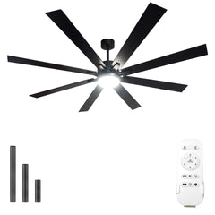 72 lnch lndustrial Smart Celing Fan with Light and Remote Control via WIFI Alexa,Large Celing Fan with 8 Black plywood Blades,6 Speed Noiseless DC Motor,Indoor Outdoor Ceiling Fans for Patio Garage