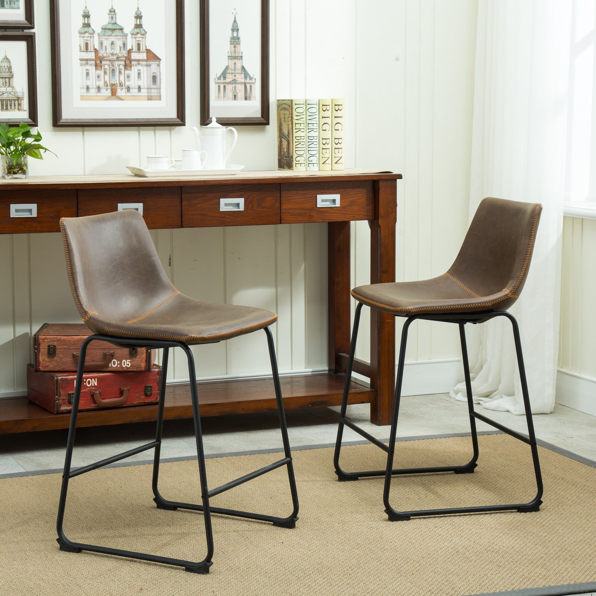 Lotusville Vintage PU Leather Counter Height Stools, Set of 2, Antique Brown