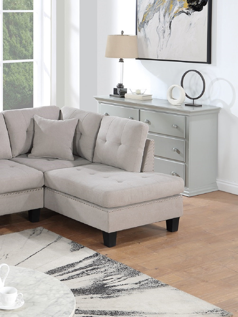 Living Room Furniture 2-PCS Sectional Sofa Set LAF Sofa And RAF Chaise Mushroom Color Tweeted-Like Velvet Tufted Couch Nailheads