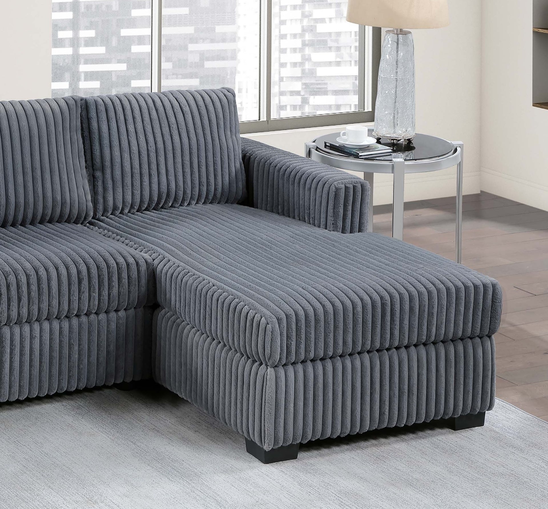 Modern Contemporary Style 2pc Sectional Sofa Right Arm Chaise Left Arm Sofa Plastic Legs Corduroy Upholstered Dark Gray Finish Primary Living Room
