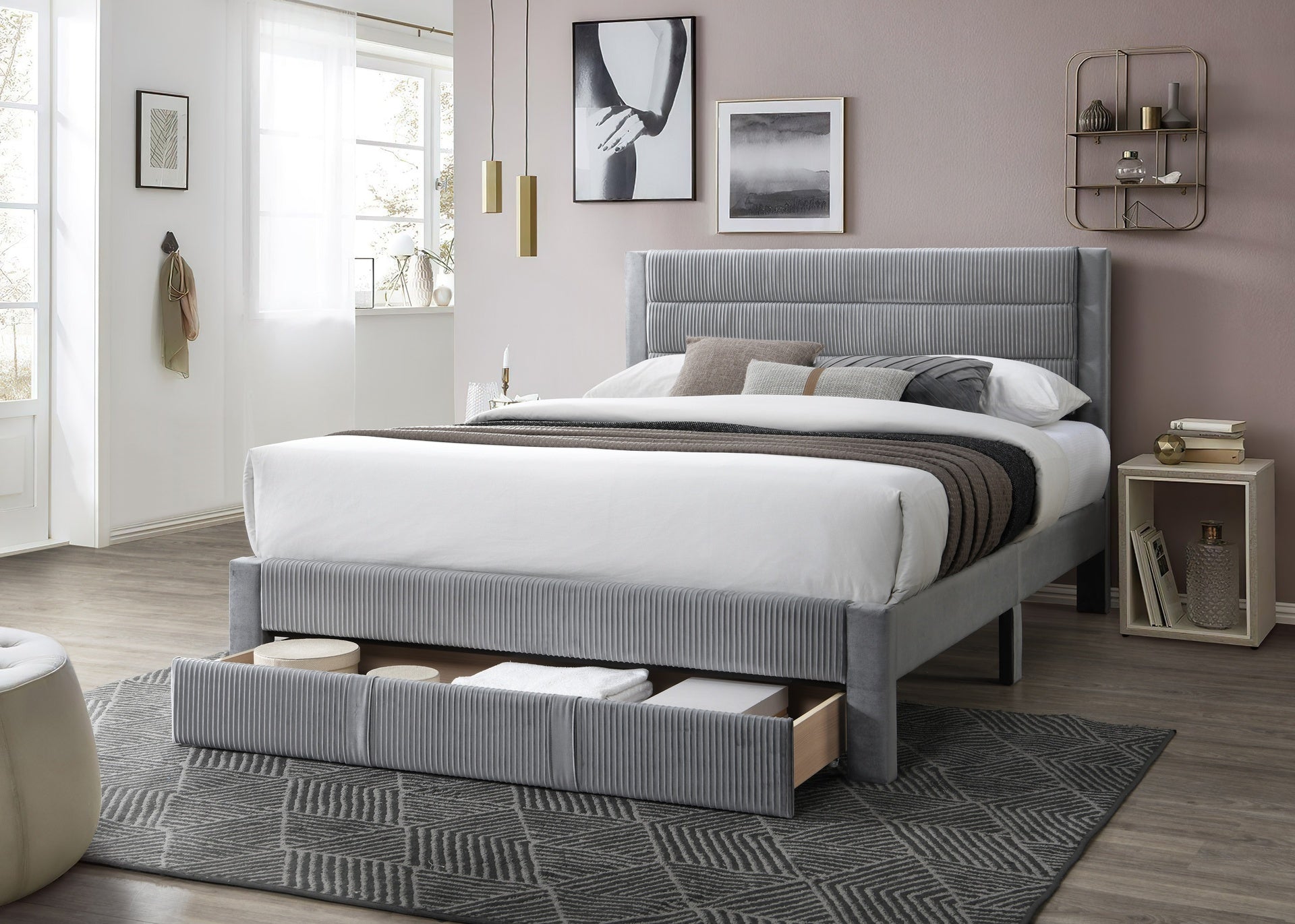 Luxury Contemporary Look 1pc Full Size Bed w Storage Drawer Gray Corduroy Headboard Bedroom Furniture