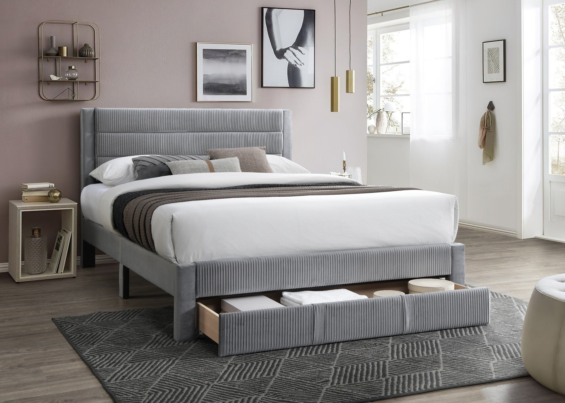 Luxury Contemporary Look 1pc Full Size Bed w Storage Drawer Gray Corduroy Headboard Bedroom Furniture