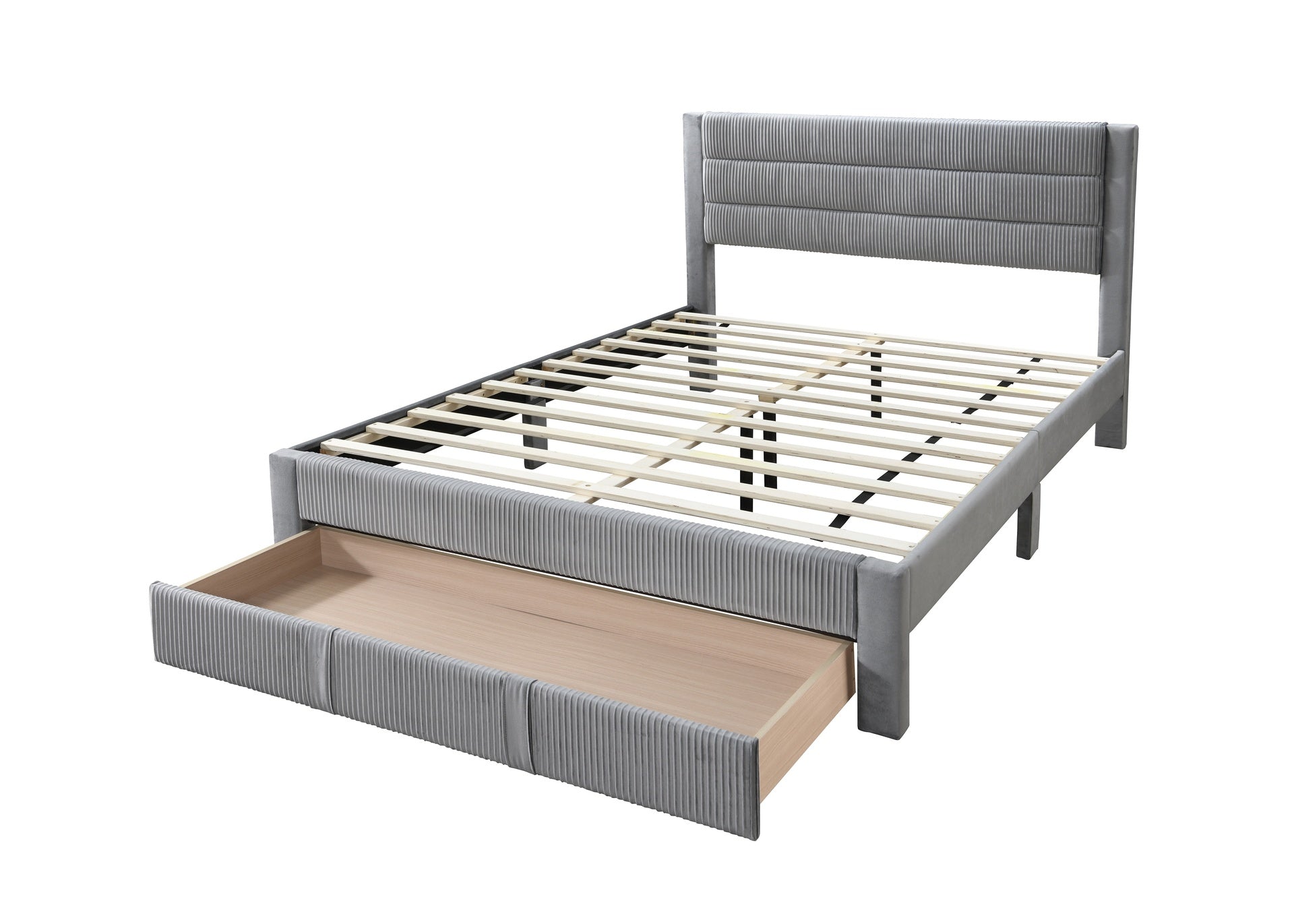 Luxury Contemporary Look 1pc Full Size Bed w Storage Drawer Gray Corduroy Headboard Bedroom Furniture
