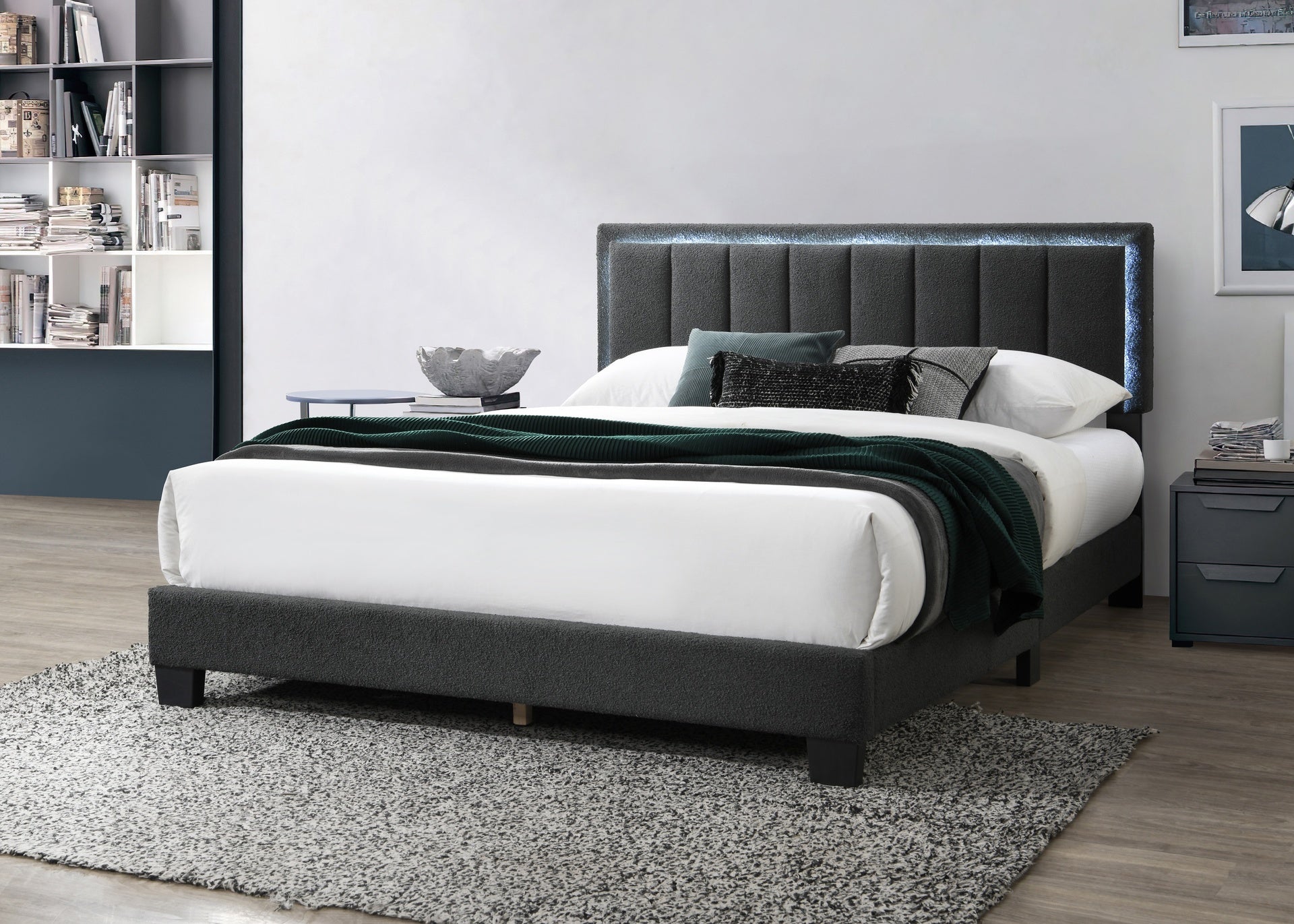 Modern Style 1pc Full Size Bed Charcoal Wool Fabric Channel Tufting w LED Full Upholstered Bedroom Furniture