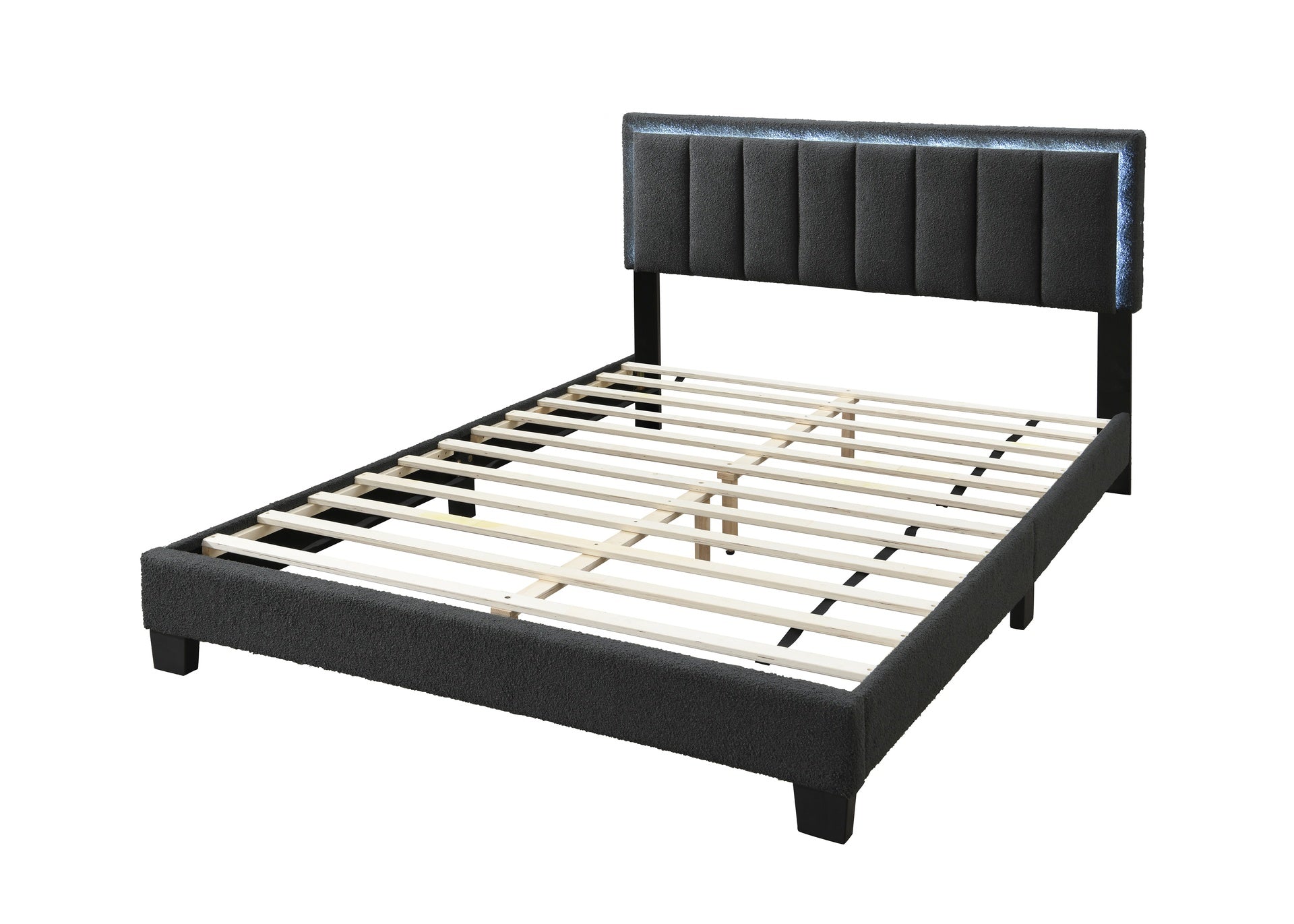 Modern Style 1pc Full Size Bed Charcoal Wool Fabric Channel Tufting w LED Full Upholstered Bedroom Furniture