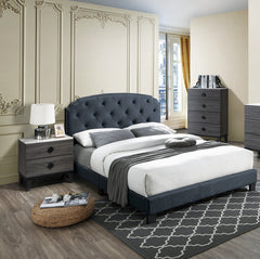 Queen Size 1pc Bed Nailhead Trim Button Tufted Burlap Fabric Charcoal Finish Bedroom Furniture