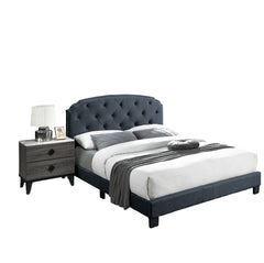 Queen Size 1pc Bed Nailhead Trim Button Tufted Burlap Fabric Charcoal Finish Bedroom Furniture