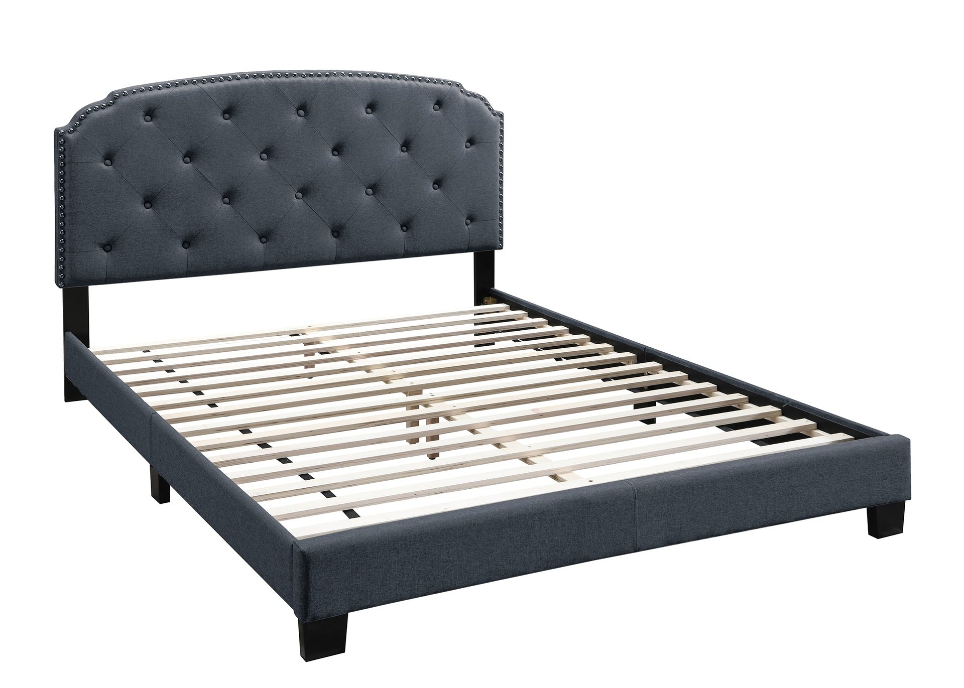 Queen Size 1pc Bed Nailhead Trim Button Tufted Burlap Fabric Charcoal Finish Bedroom Furniture