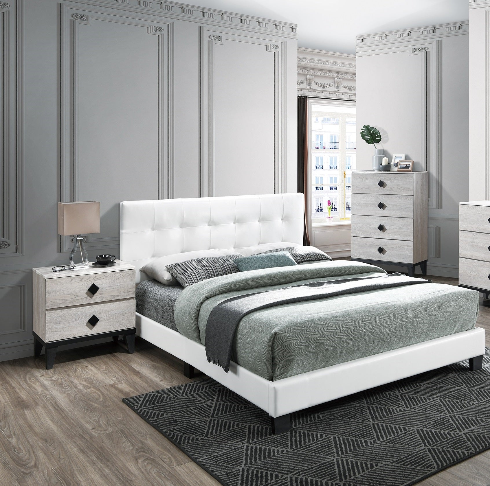 Modern Style 1pc Full Size Bed Faux Leather Middle Support Legs Rectangle Headboard White Finish Bedroom Furniture