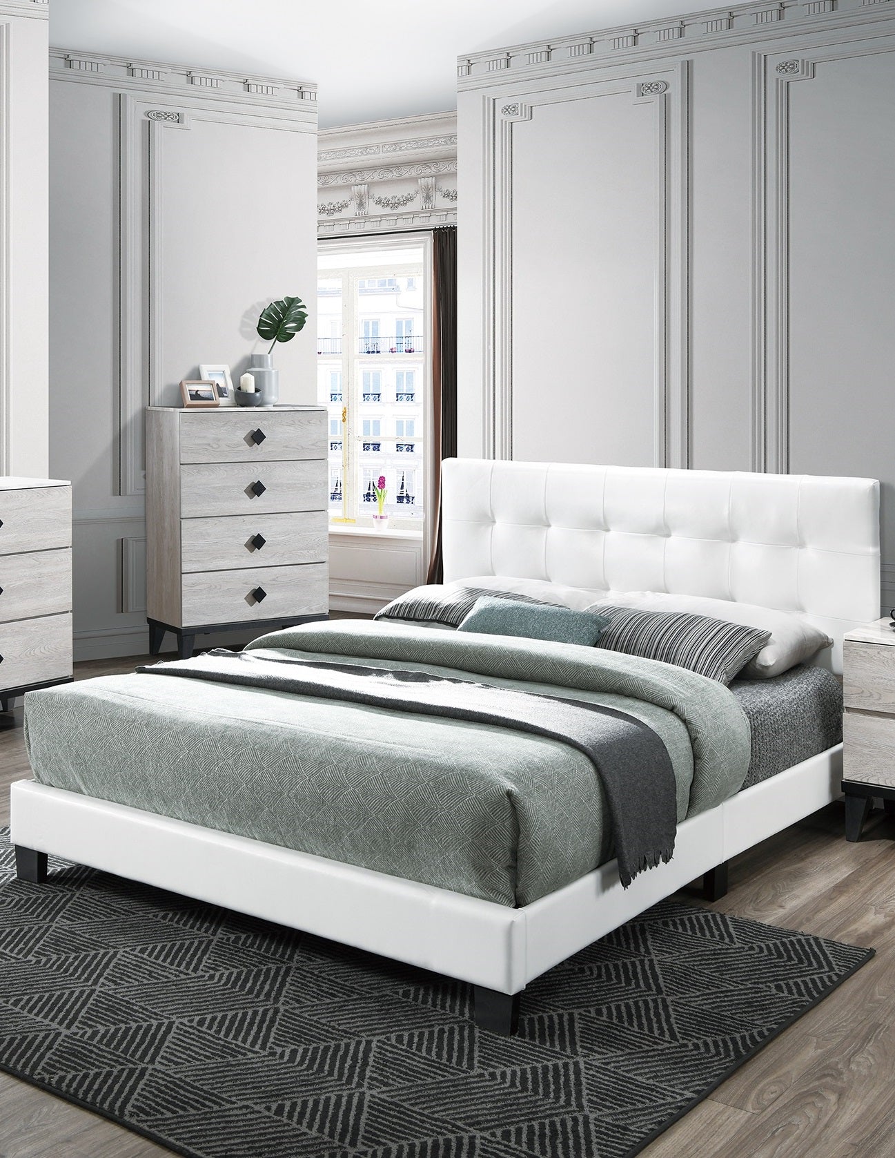Modern Style 1pc Full Size Bed Faux Leather Middle Support Legs Rectangle Headboard White Finish Bedroom Furniture