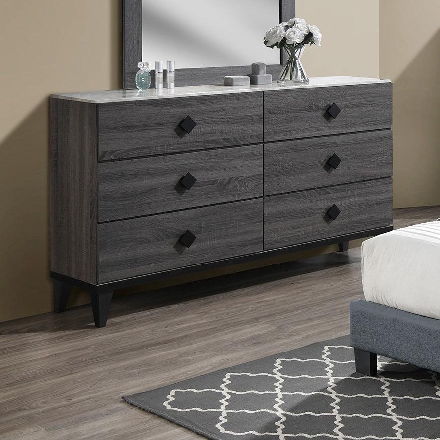 Modern Design Bedroom Furniture 1pc Dresser Only Beautiful Knob Pulls 6x Drawers Storage Faux Marble Top Grey Color Dresser