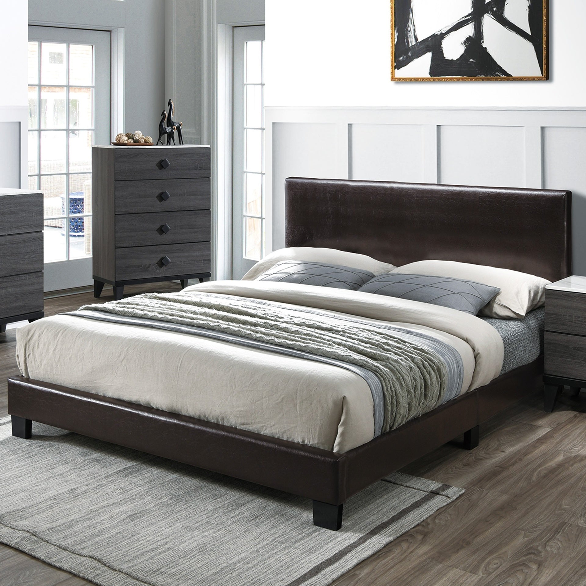 Modern Brown 1pc Twin Size Bed Faux Leather Upholstered Bedframe Bedroom Furniture Adjustable Headboard